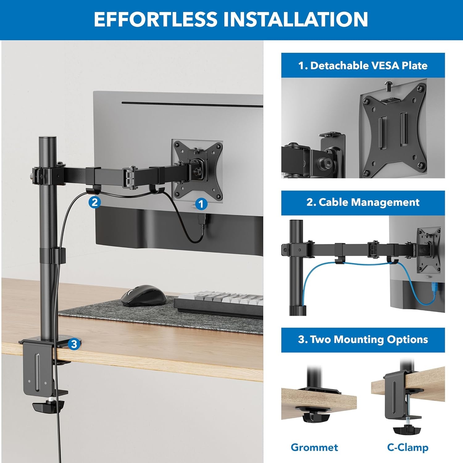 image:imageMountIt Single Monitor Arm Desk Mount for 1732 Inch Screens Holds up to 198 lbs Full Motion Computer Monitor Stand Steel Clamp and Grommet Base VESA 75x75 100x100 Cable Management BlackBlack
