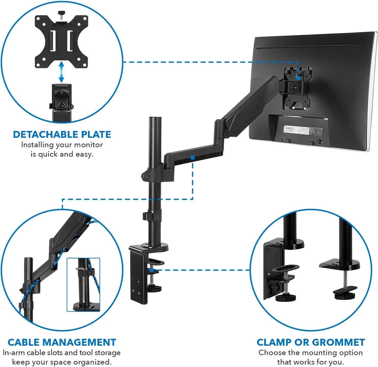 image:imageMountIt Single Monitor Arm Desk Mount with Gas Spring Height Adjustable Monitor Stand for 1332 Inch Screens up to 176 lbs VESA 75x75 amp 100x100 Clamp amp Grommet