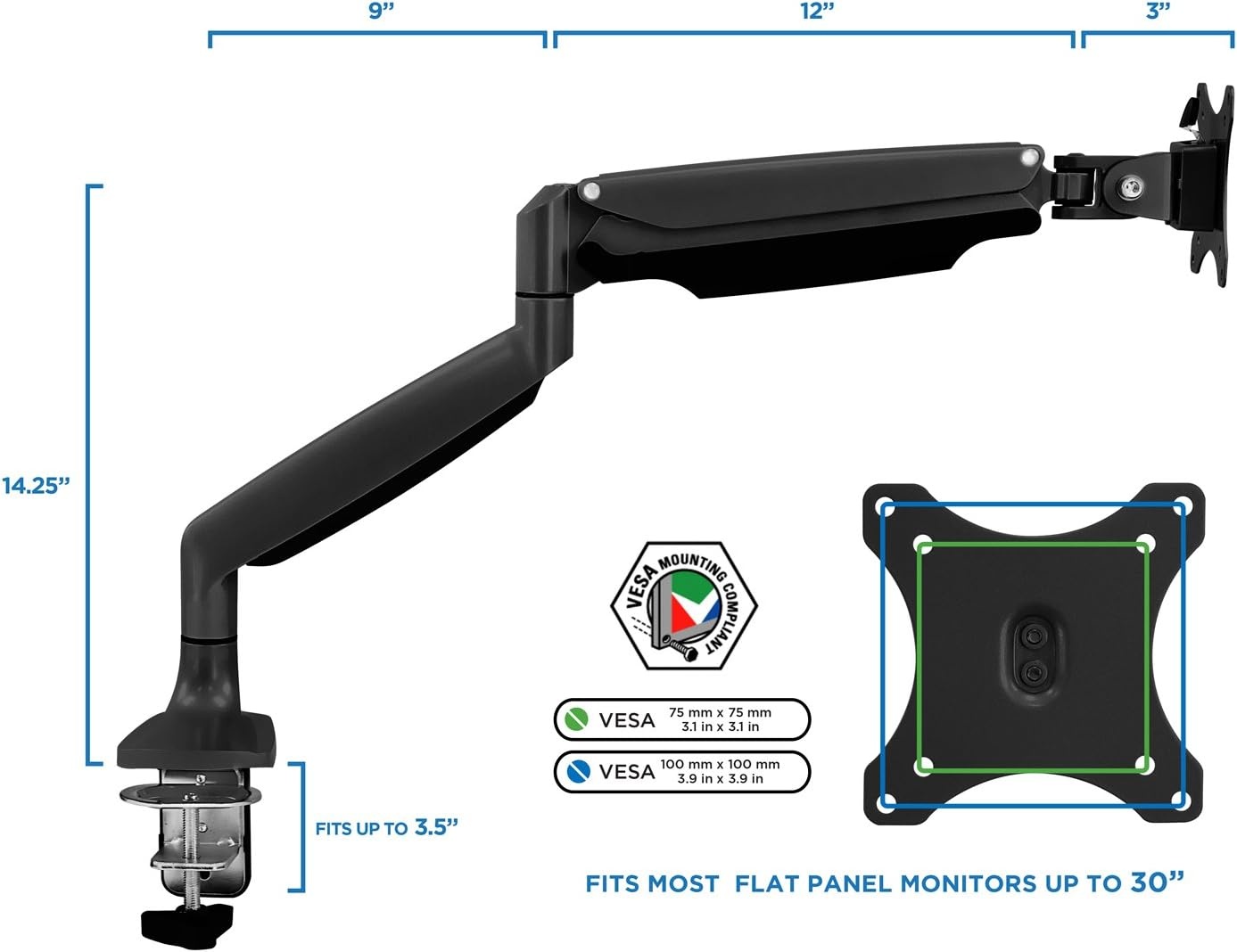 image:imageMountIt Single Monitor Arm Desk Mount with Gas Spring Height Adjustable Monitor Stand for 1332 Inch Screens up to 20 lbs VESA 75x75 amp 100x100 CClamp amp Grommet SitStand Desk CompatibleBlack