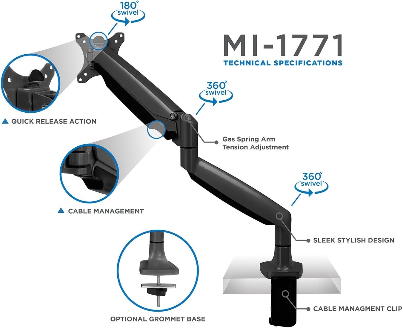 image:imageMountIt Single Monitor Arm Desk Mount with Gas Spring Height Adjustable Monitor Stand for 1332 Inch Screens up to 20 lbs VESA 75x75 amp 100x100 CClamp amp Grommet SitStand Desk CompatibleBlack