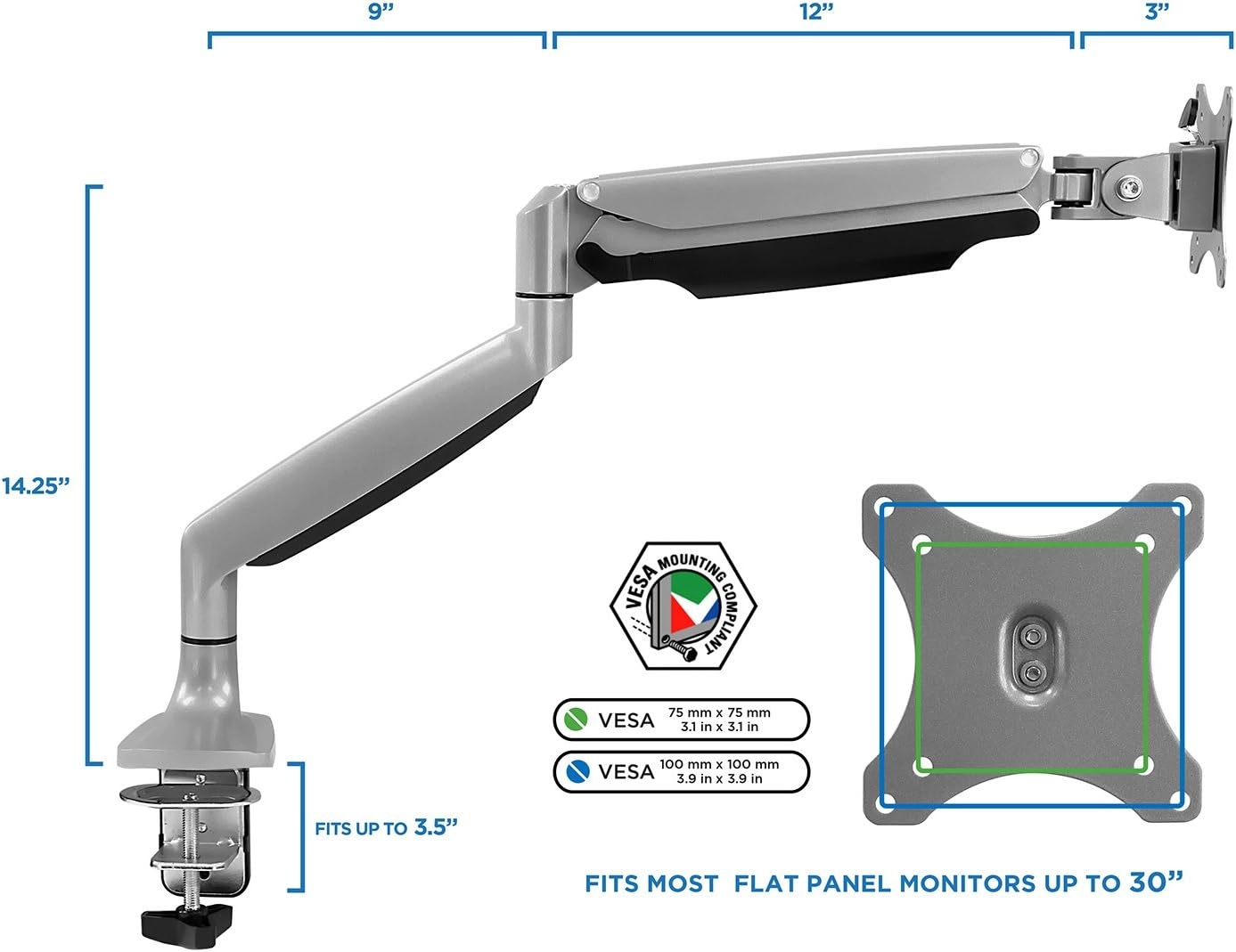 image:imageMountIt Single Monitor Arm Desk Mount with Gas Spring Height Adjustable Monitor Stand for 1332 Inch Screens up to 20 lbs VESA 75x75 amp 100x100 CClamp amp Grommet SitStand Desk CompatibleSilver