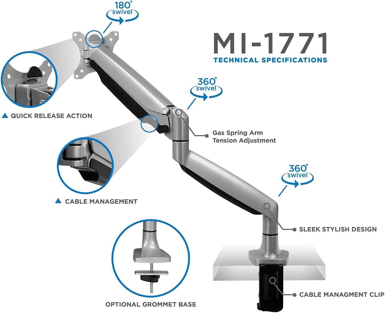 image:imageMountIt Single Monitor Arm Desk Mount with Gas Spring Height Adjustable Monitor Stand for 1332 Inch Screens up to 20 lbs VESA 75x75 amp 100x100 CClamp amp Grommet SitStand Desk CompatibleSilver