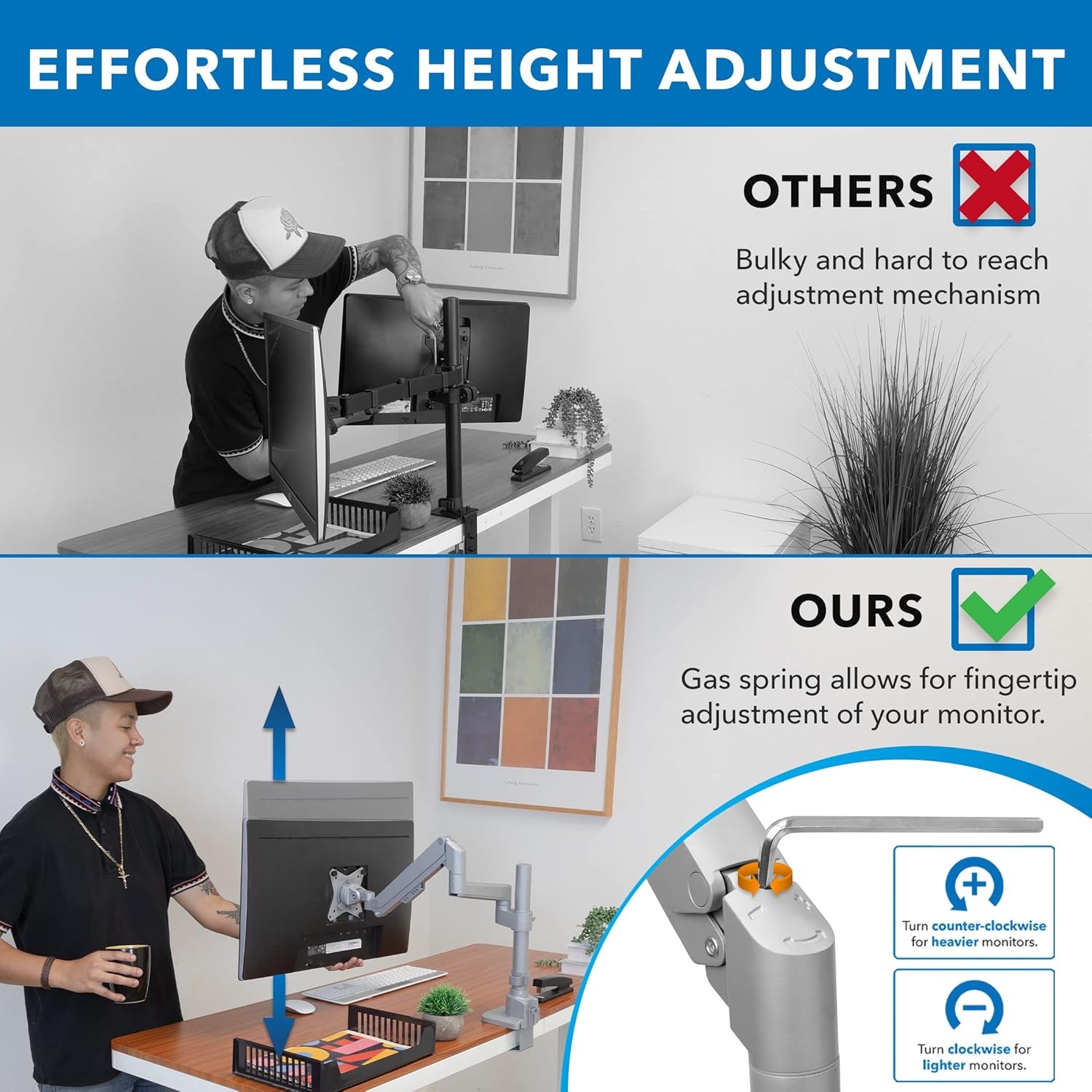 image:imageMountIt Single Monitor Desk Mount Pole Mounted Gas Spring Arm Full Motion Height Adjustable Monitor Stand with CClamp or Grommet Base Fits 1932 Inch Screens Silver