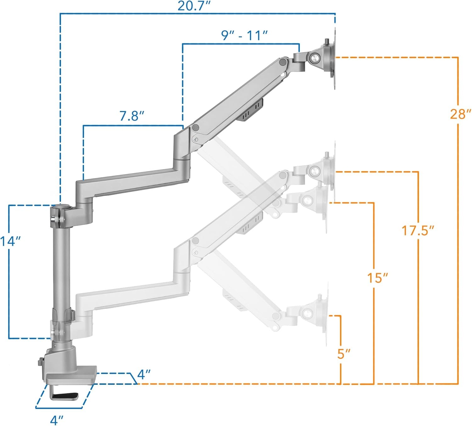 image:imageMountIt Single Monitor Desk Mount Pole Mounted Gas Spring Arm Full Motion Height Adjustable Monitor Stand with CClamp or Grommet Base Fits 1932 Inch Screens Silver