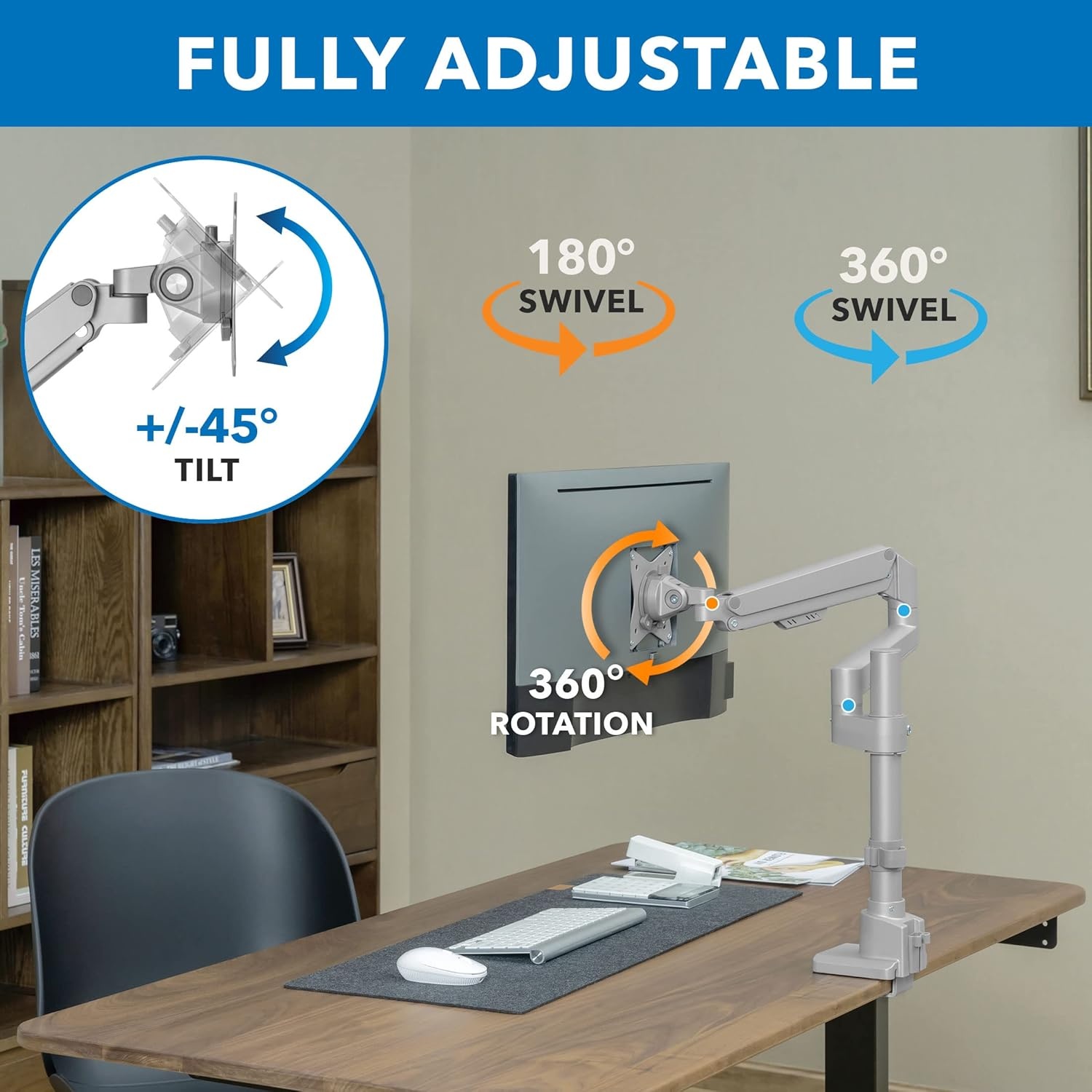 image:imageMountIt Single Monitor Desk Mount Pole Mounted Gas Spring Arm Full Motion Height Adjustable Monitor Stand with CClamp or Grommet Base Fits 1932 Inch Screens Silver