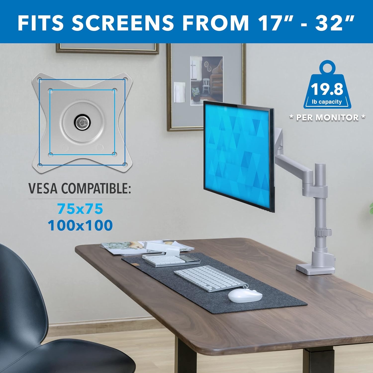 image:imageMountIt Single Monitor Desk Mount Pole Mounted Gas Spring Arm Full Motion Height Adjustable Monitor Stand with CClamp or Grommet Base Fits 1932 Inch Screens Silver