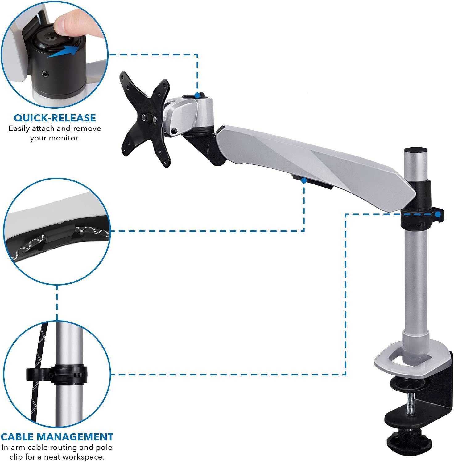image:imageMountIt Single Monitor Desk Mount With Gas Spring Arm Clamp Base Modular Design For Future Expansion Premium Aluminum Cast