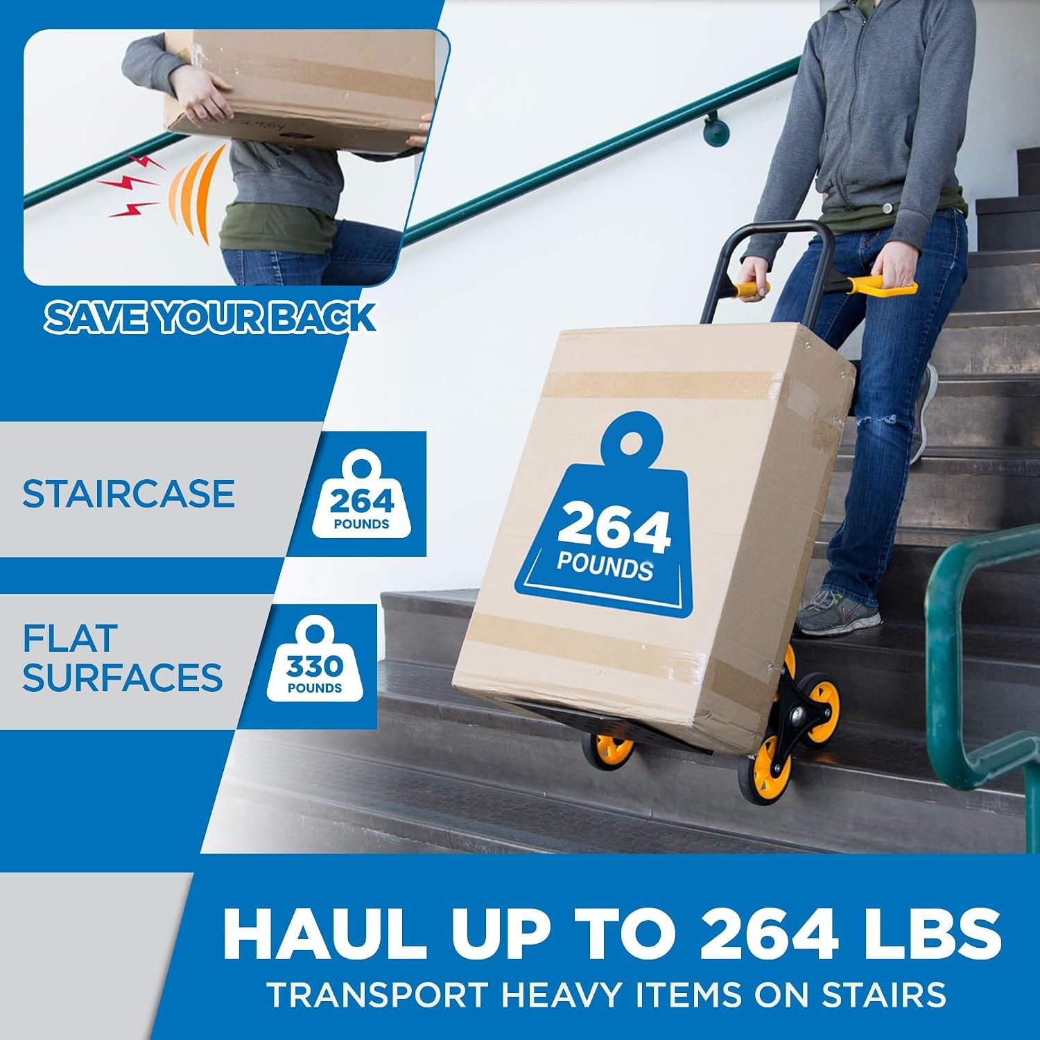 image:imageMountIt Stair Climbing Dolly for Moving HeavyDuty Hand Truck for Stairs with 6 Wheels Folding Stair Climber Cart with Telescoping Handle 330 lb Flat 265 lb Stair Capacity330 lb Capacity