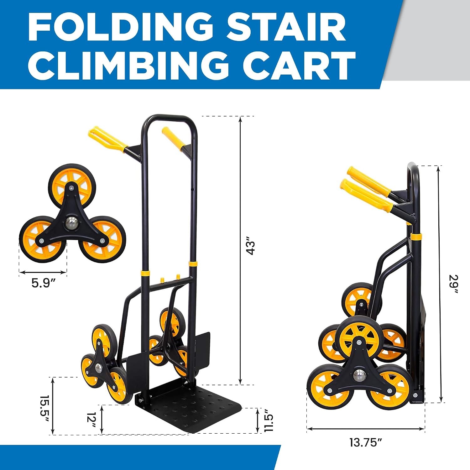 image:imageMountIt Stair Climbing Dolly for Moving HeavyDuty Hand Truck for Stairs with 6 Wheels Folding Stair Climber Cart with Telescoping Handle 330 lb Flat 265 lb Stair Capacity330 lb Capacity