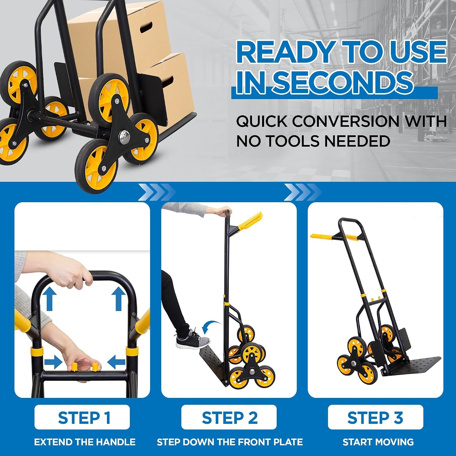 image:imageMountIt Stair Climbing Dolly for Moving HeavyDuty Hand Truck for Stairs with 6 Wheels Folding Stair Climber Cart with Telescoping Handle 330 lb Flat 265 lb Stair Capacity330 lb Capacity