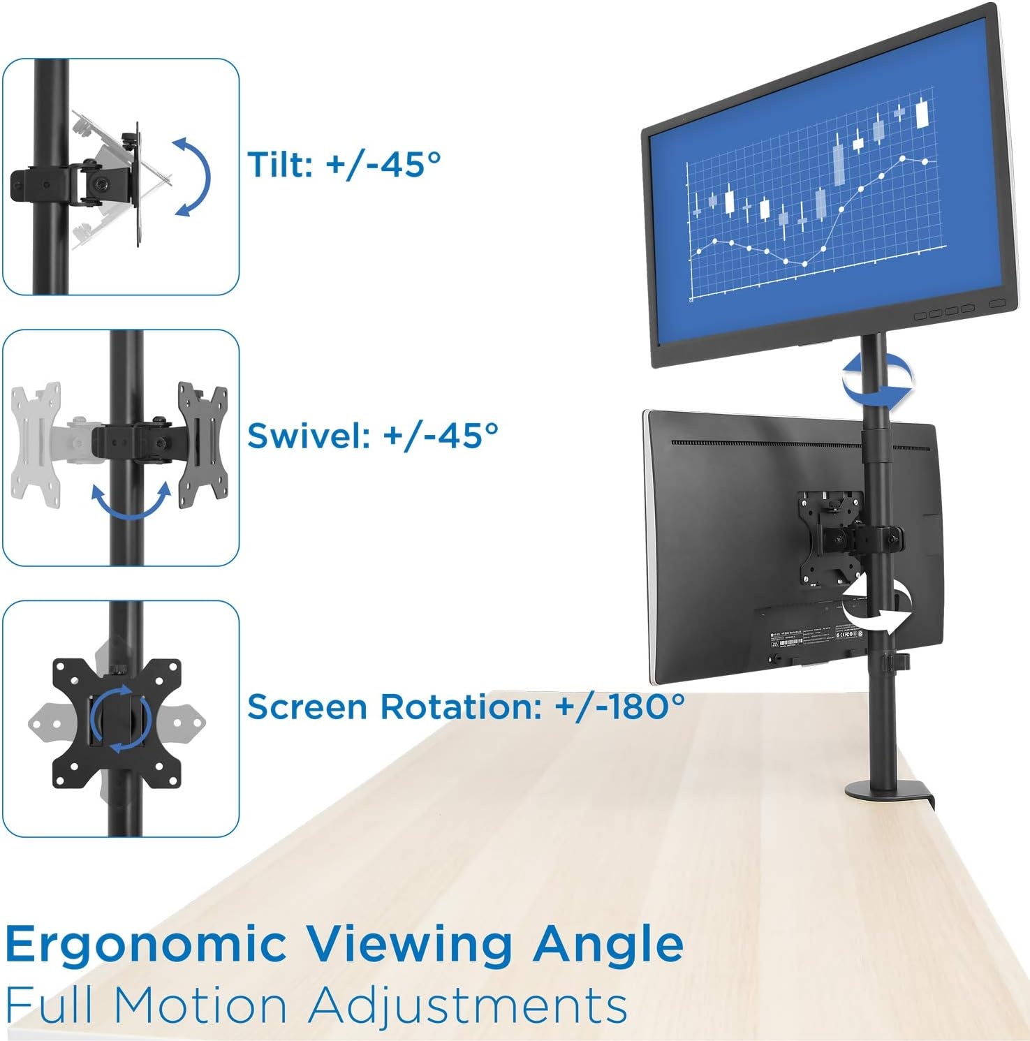 image:imageMountIt Vertical Dual Monitor Mount Stacked Monitor Stand for 2 Screens 1332 CClamp or Grommet Base Height Adjustable Tilt Swivel Rotate Portrait or Landscape Holds 176 lbs per Arm