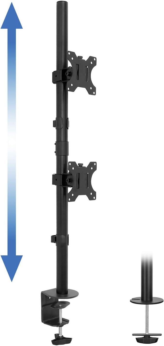 image:imageMountIt Vertical Dual Monitor Mount Stacked Monitor Stand for 2 Screens 1332 CClamp or Grommet Base Height Adjustable Tilt Swivel Rotate Portrait or Landscape Holds 176 lbs per Arm
