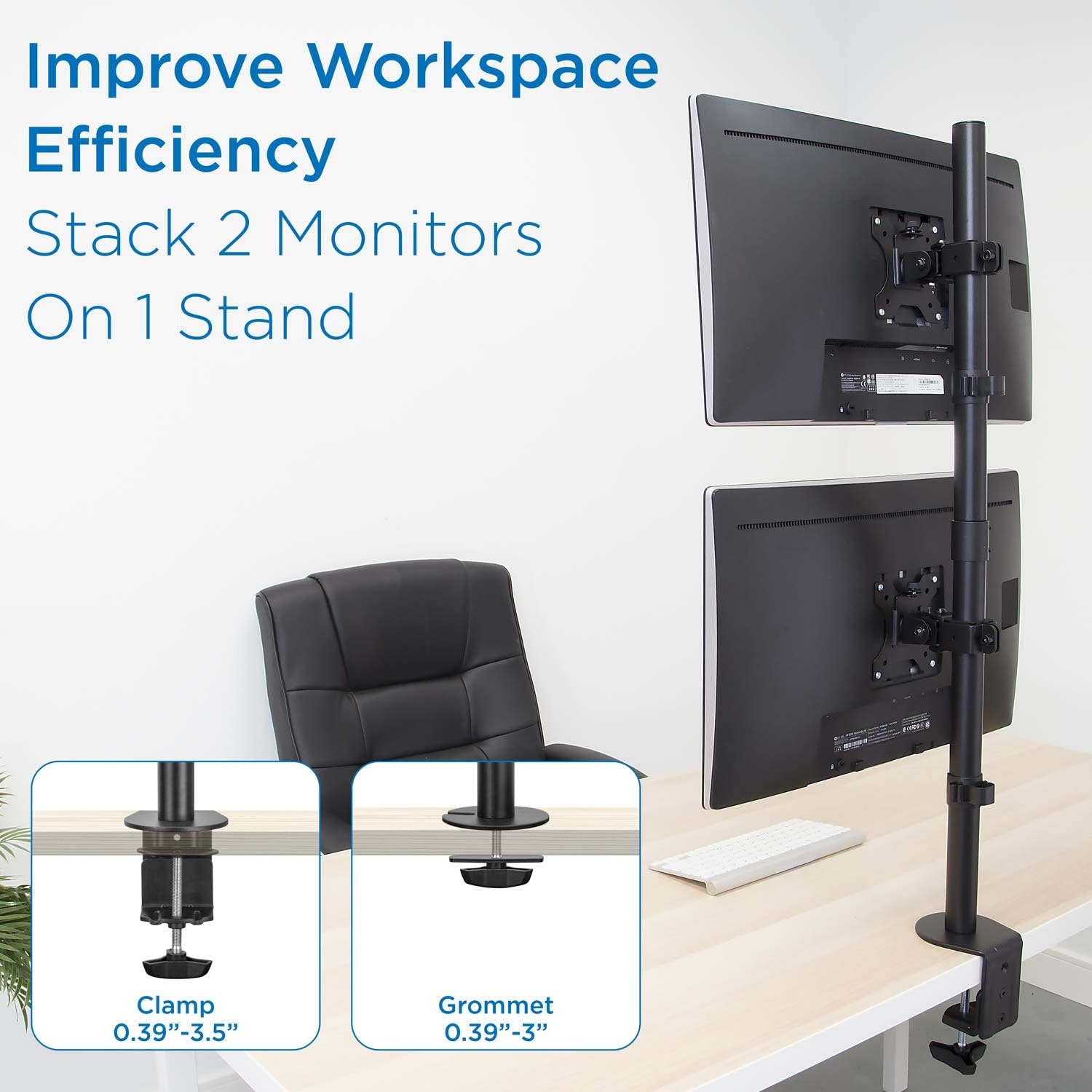 image:imageMountIt Vertical Dual Monitor Mount Stacked Monitor Stand for 2 Screens 1332 CClamp or Grommet Base Height Adjustable Tilt Swivel Rotate Portrait or Landscape Holds 176 lbs per Arm