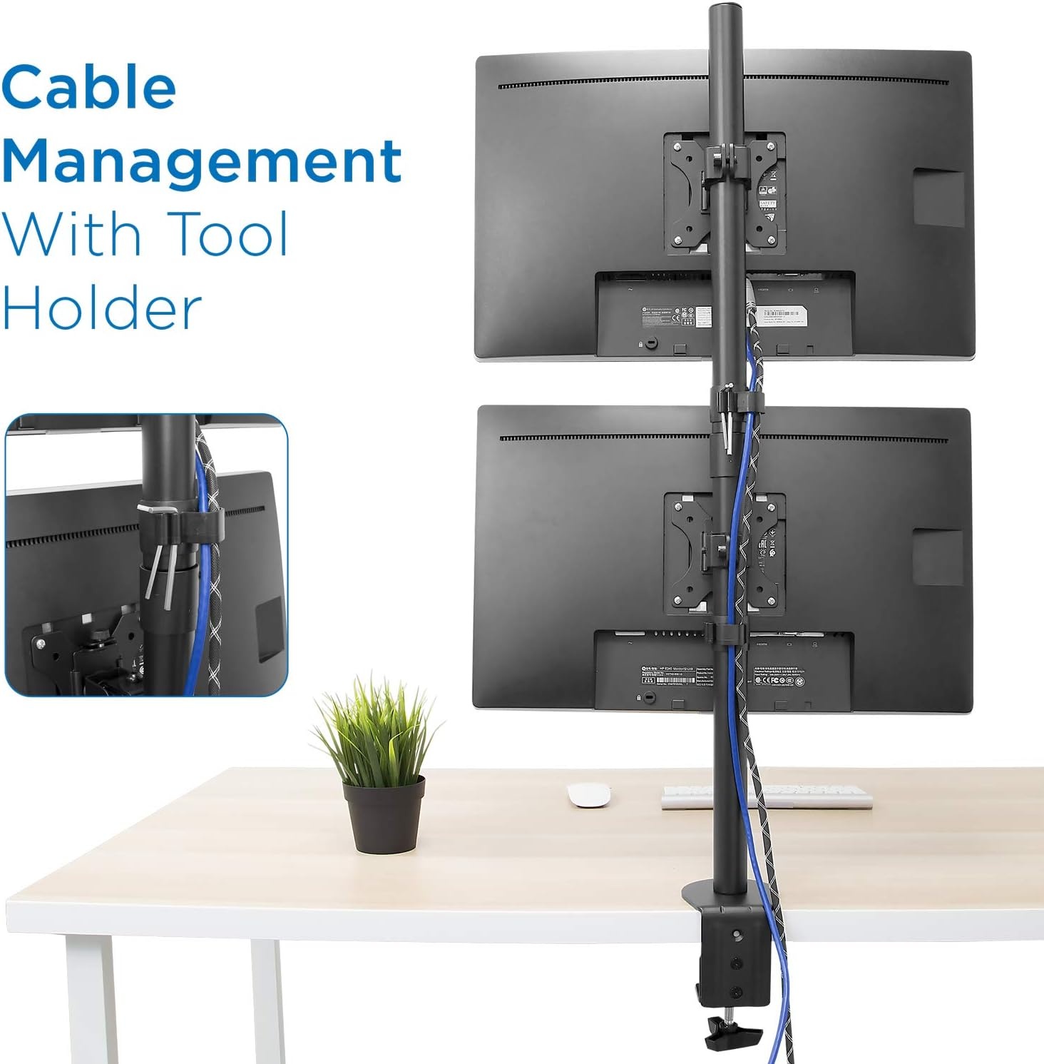 image:imageMountIt Vertical Dual Monitor Mount Stacked Monitor Stand for 2 Screens 1332 CClamp or Grommet Base Height Adjustable Tilt Swivel Rotate Portrait or Landscape Holds 176 lbs per Arm