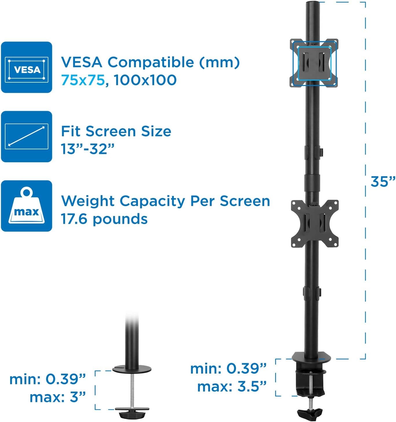 image:imageMountIt Vertical Dual Monitor Mount Stacked Monitor Stand for 2 Screens 1332 CClamp or Grommet Base Height Adjustable Tilt Swivel Rotate Portrait or Landscape Holds 176 lbs per Arm