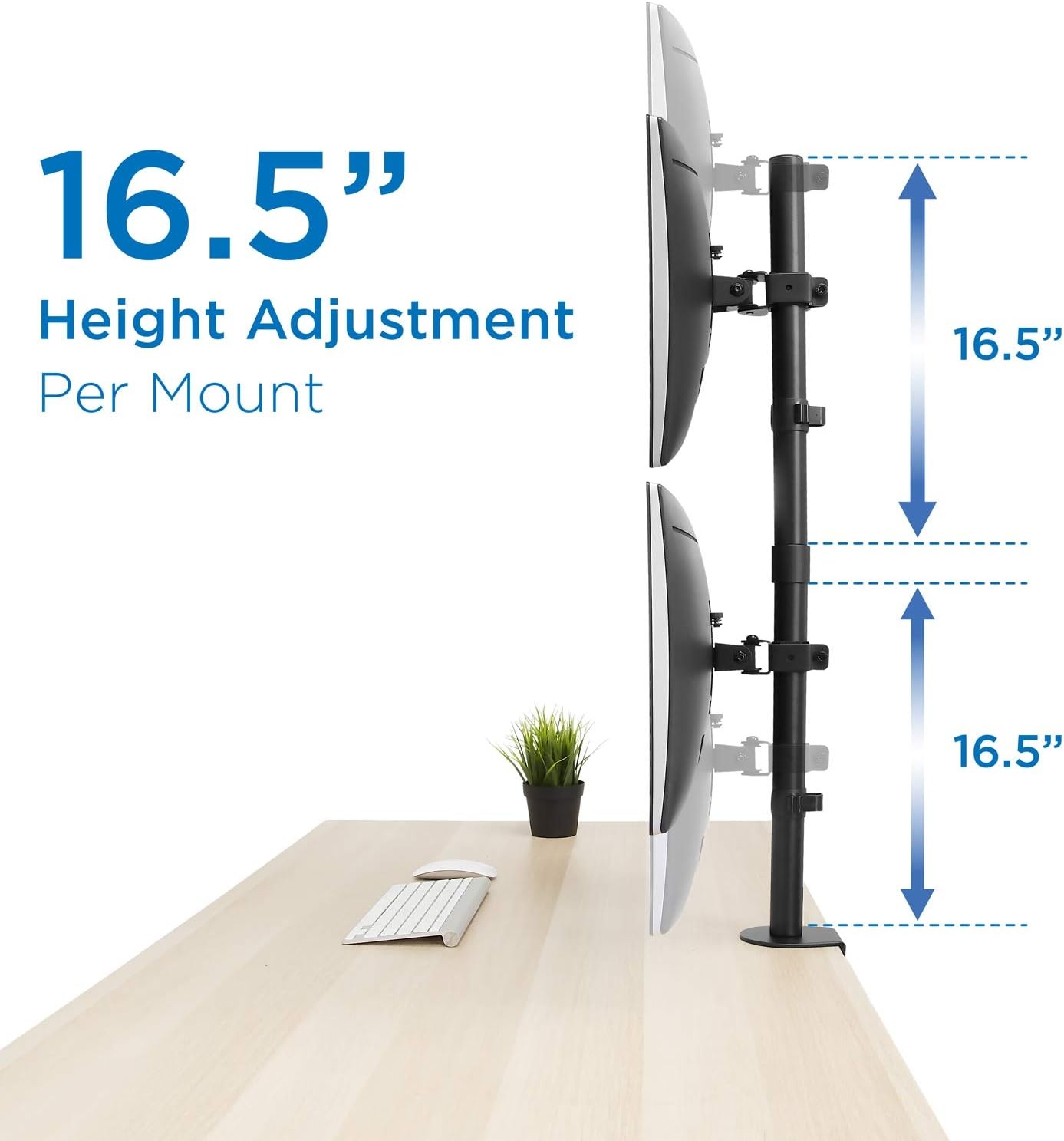 image:imageMountIt Vertical Dual Monitor Mount Stacked Monitor Stand for 2 Screens 1332 CClamp or Grommet Base Height Adjustable Tilt Swivel Rotate Portrait or Landscape Holds 176 lbs per Arm
