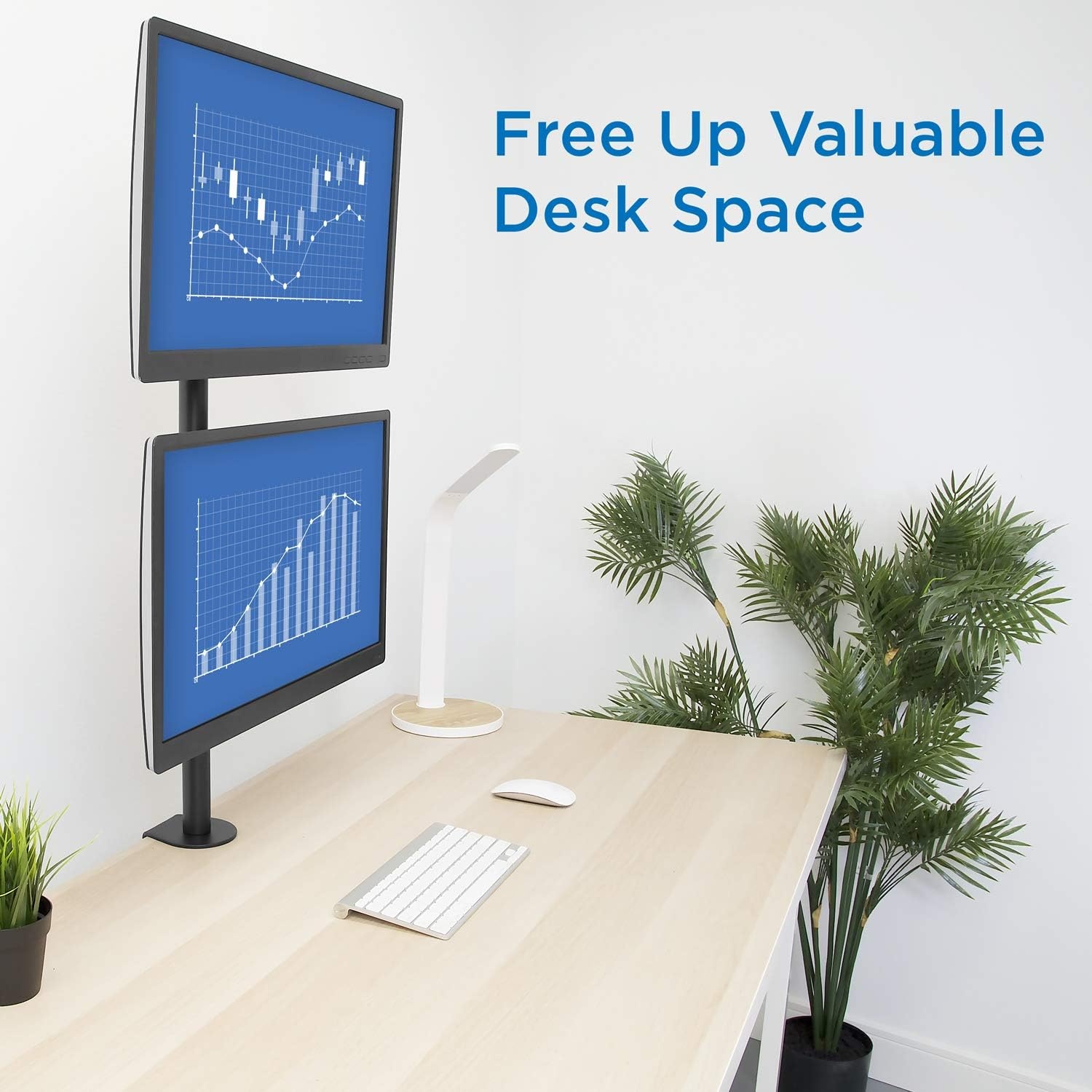 image:imageMountIt Vertical Dual Monitor Mount Stacked Monitor Stand for 2 Screens 1332 CClamp or Grommet Base Height Adjustable Tilt Swivel Rotate Portrait or Landscape Holds 176 lbs per Arm