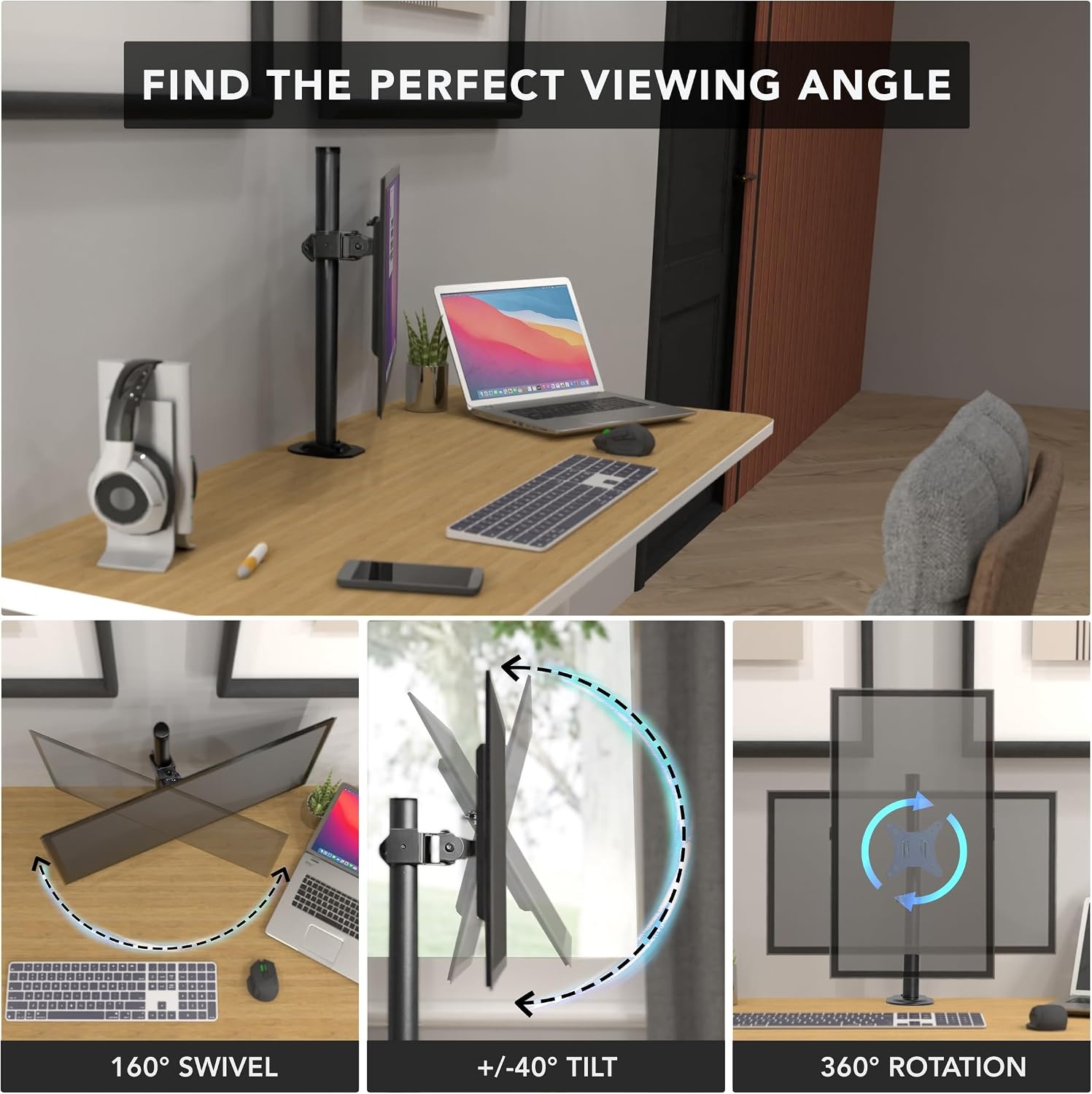 image:imageMountIt White Single Monitor Stand Adjustable Desk Arm for Computer Screens VESA Compatible Holder Up to 32 198 lbs 360 Rotation 160 Swivel 40 Tilt SpaceSaving Clamp amp Grommet BaseBlack