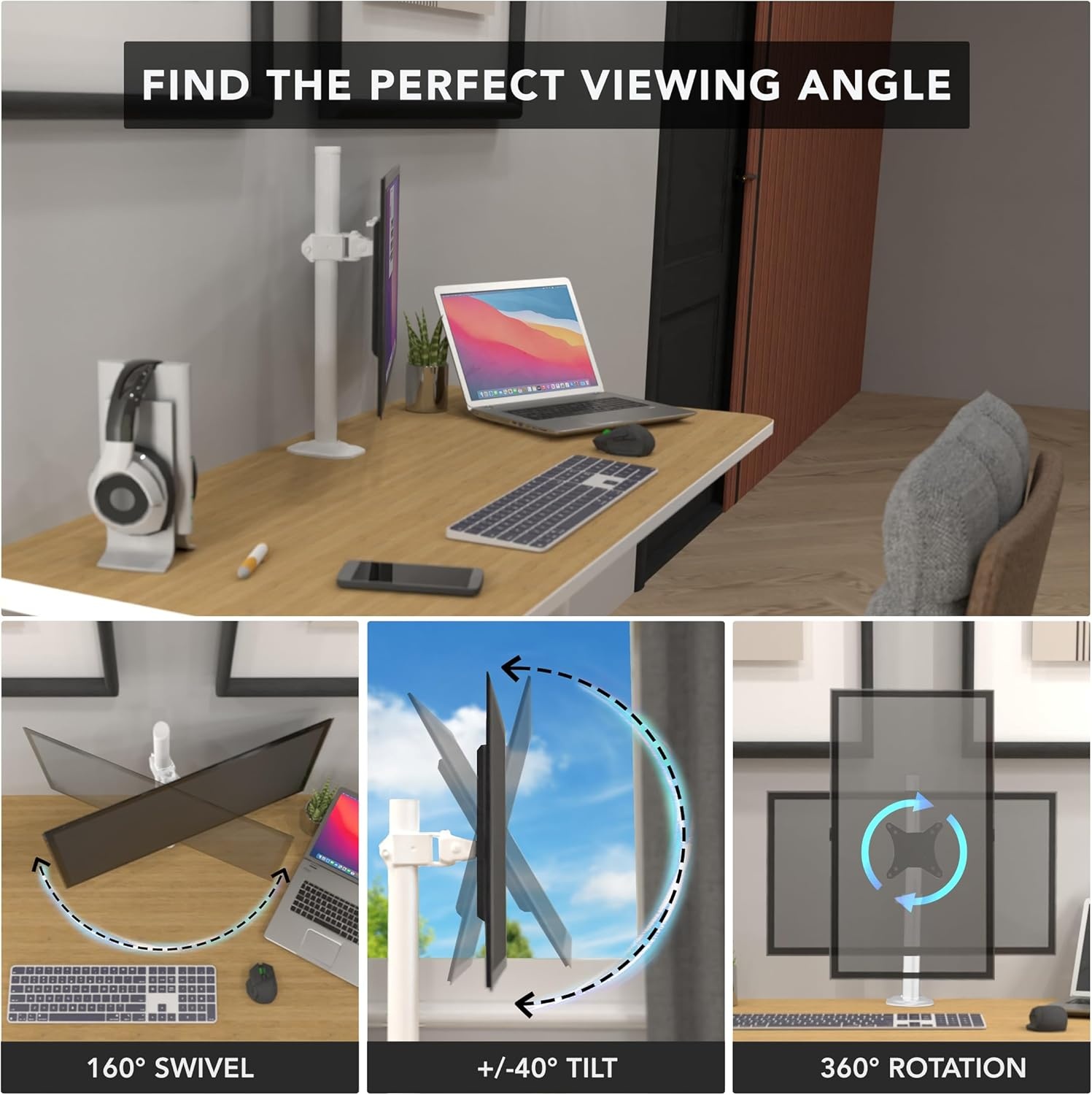 image:imageMountIt White Single Monitor Stand Adjustable Desk Arm for Computer Screens VESA Compatible Holder Up to 32 198 lbs 360 Rotation 160 Swivel 40 Tilt SpaceSaving Clamp amp Grommet BaseWhite