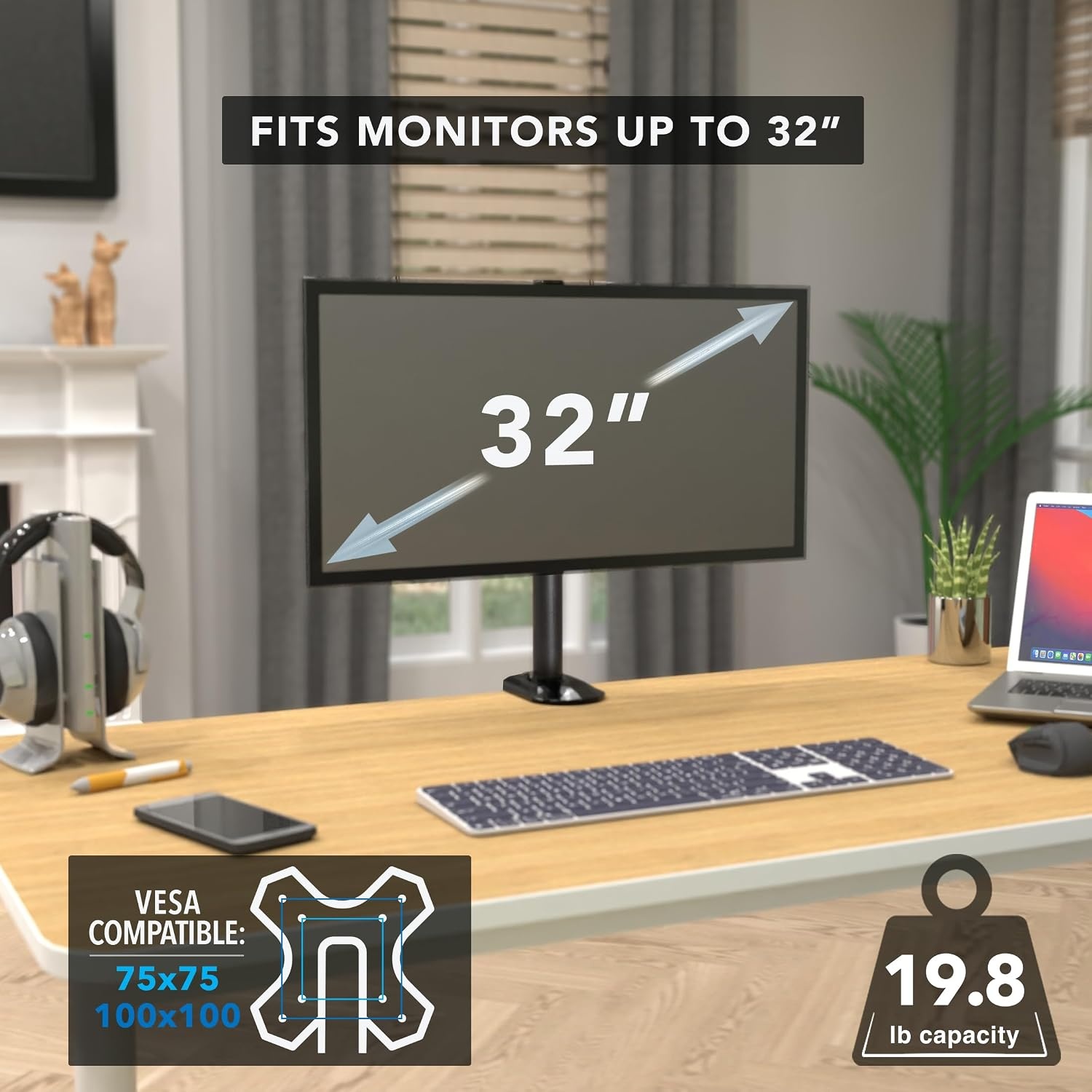 image:imageMountIt White Single Monitor Stand Adjustable Desk Arm for Computer Screens VESA Compatible Holder Up to 32 198 lbs 360 Rotation 160 Swivel 40 Tilt SpaceSaving Clamp amp Grommet BaseBlack