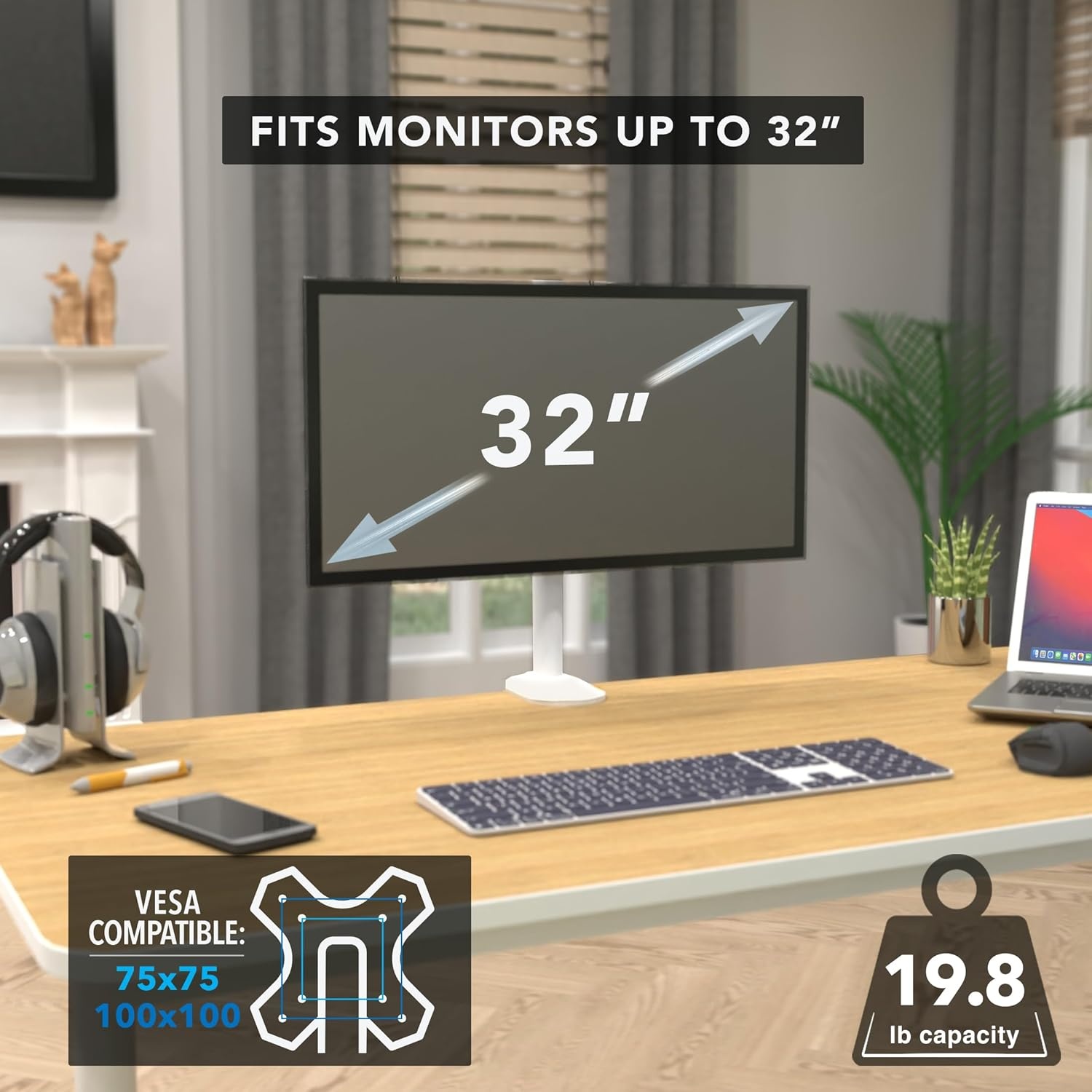 image:imageMountIt White Single Monitor Stand Adjustable Desk Arm for Computer Screens VESA Compatible Holder Up to 32 198 lbs 360 Rotation 160 Swivel 40 Tilt SpaceSaving Clamp amp Grommet BaseWhite