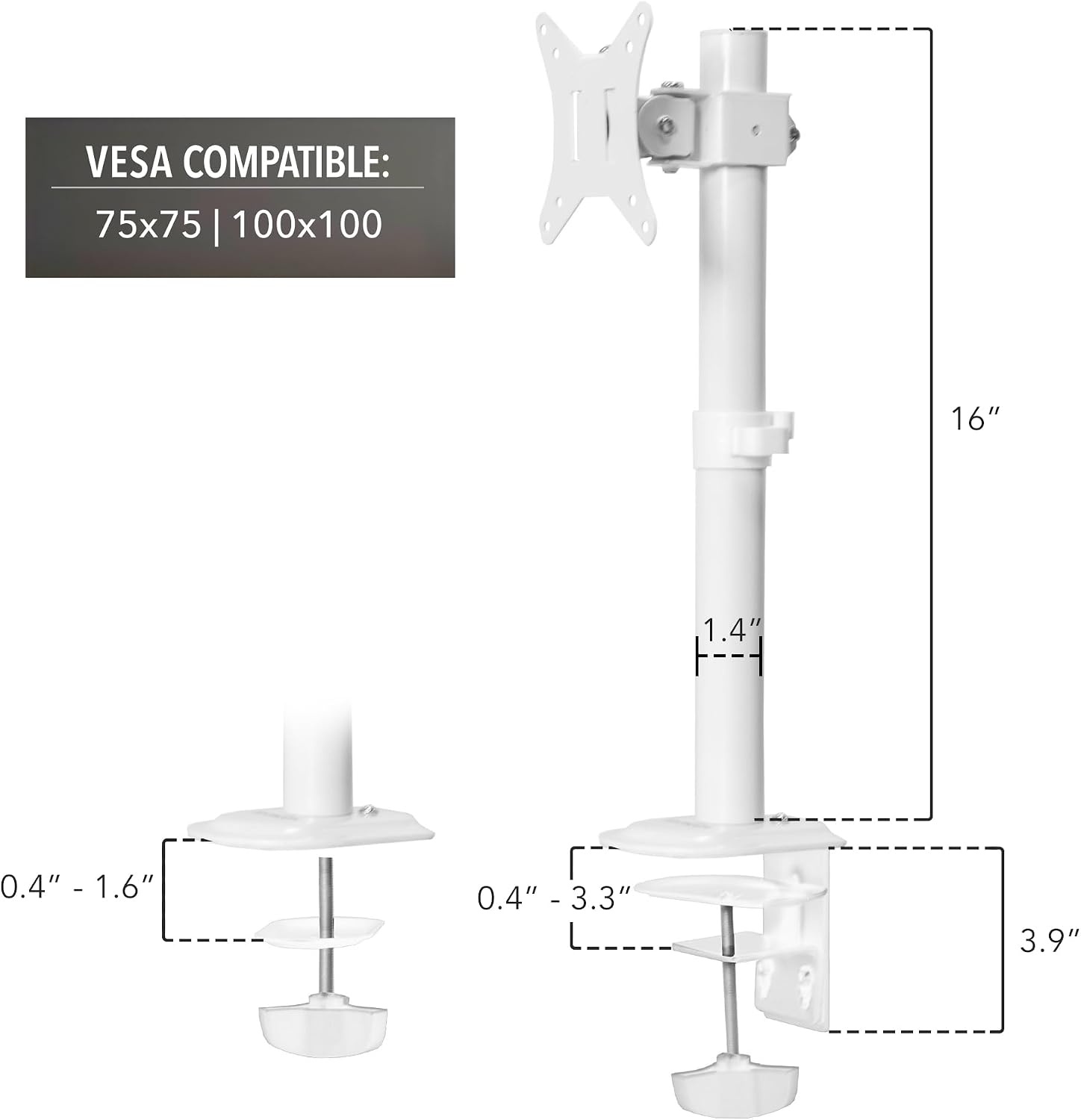 image:imageMountIt White Single Monitor Stand Adjustable Desk Arm for Computer Screens VESA Compatible Holder Up to 32 198 lbs 360 Rotation 160 Swivel 40 Tilt SpaceSaving Clamp amp Grommet BaseWhite