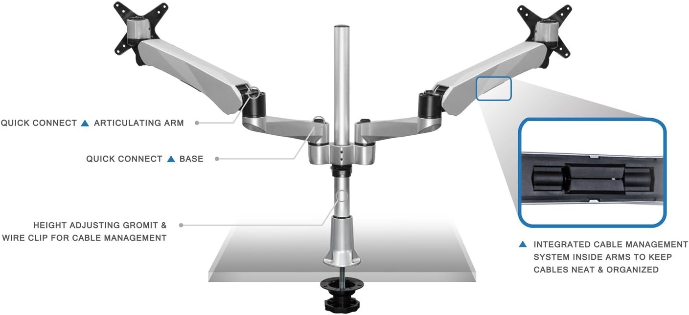 image:imageMountit Height Adjustable Full Motion Two Monitor Computer Desk Mount Spring Arm Quick Release with Grommet Base MI45111Silver
