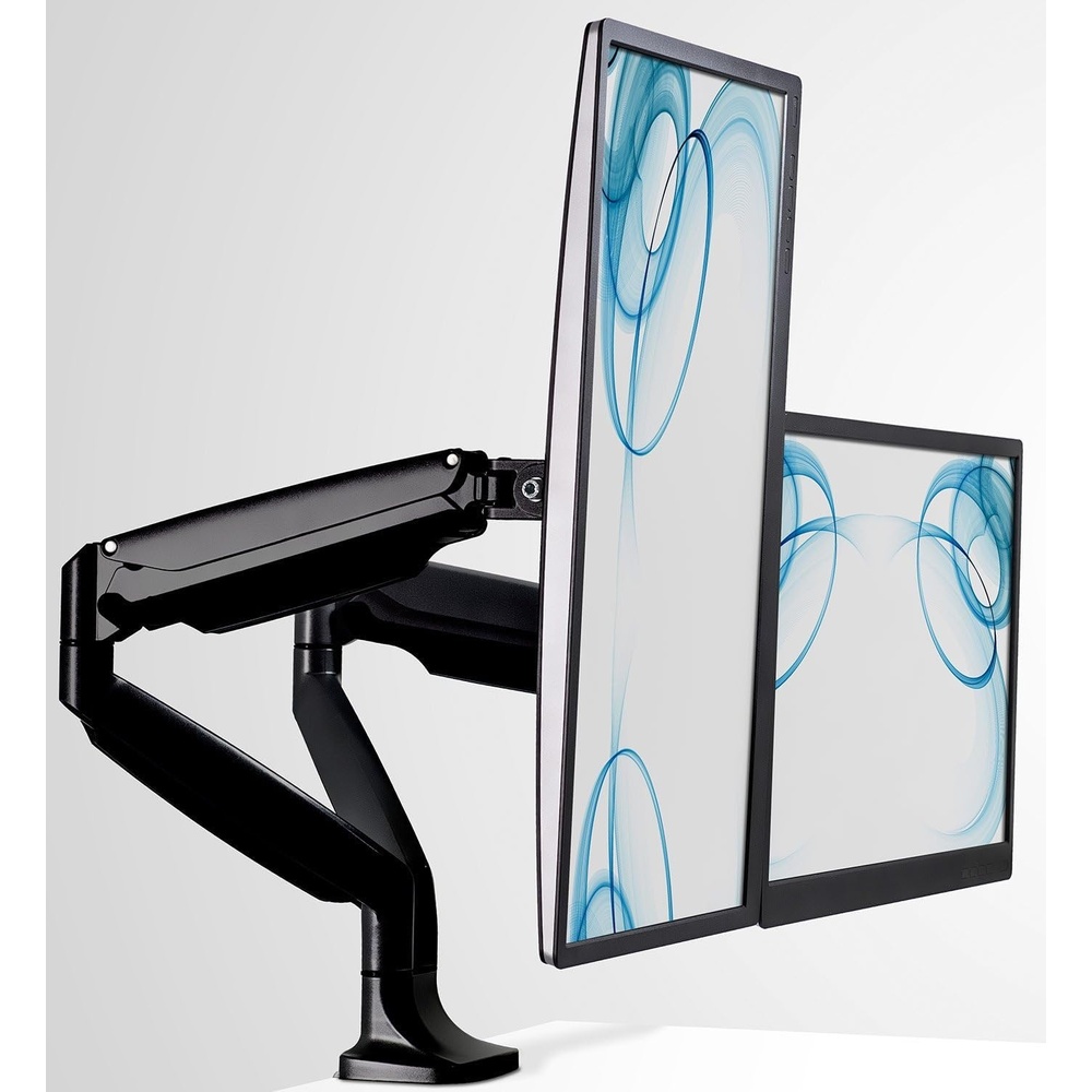 image:imageMountIt Dual Monitor Arm Mount Desk Stand Two Articulating Gas Spring Height Adjustable Arms Fits 2 x 24 27 29 30 32 Inch VESA 75 100 Compatible Screens CClamp and Grommet Bases BlackBlack