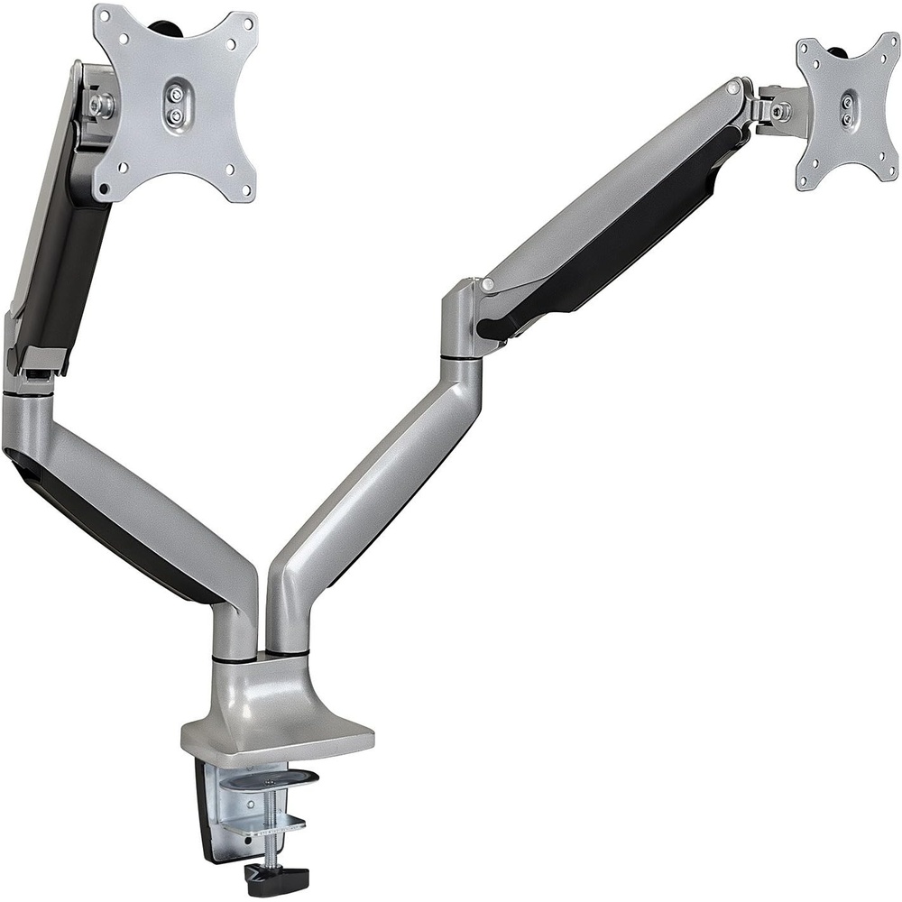 image:imageMountIt Dual Monitor Arm Mount Desk Stand Two Articulating Gas Spring Height Adjustable Arms Fits 2 x 24 27 29 30 32 Inch VESA 75 100 Compatible Screens CClamp and Grommet Bases BlackSilver
