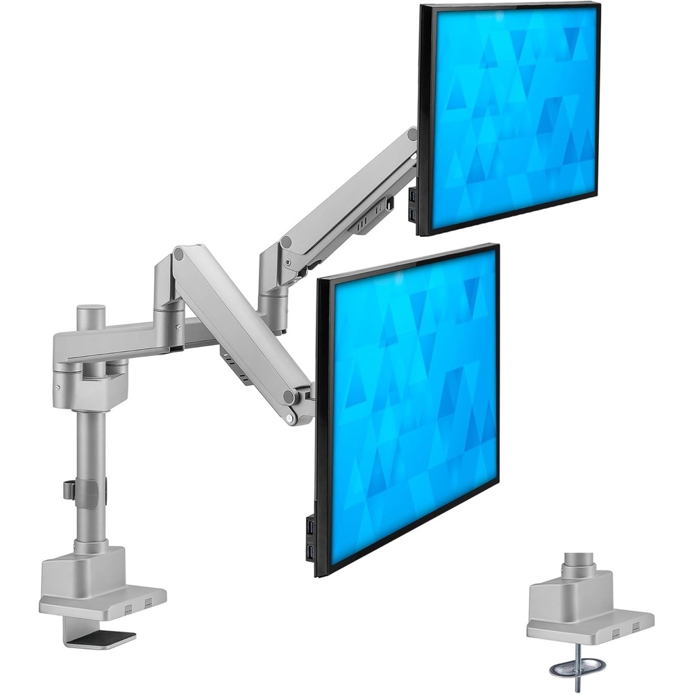 image:imageMountIt Dual Monitor Mount Monitor Stands for 2 Monitors Computer Arms on Desk Stand Gas Spring Height Adjustable Desk Mount in Silver VESA 75 100 Fits Screens Up to 32 Silver Color