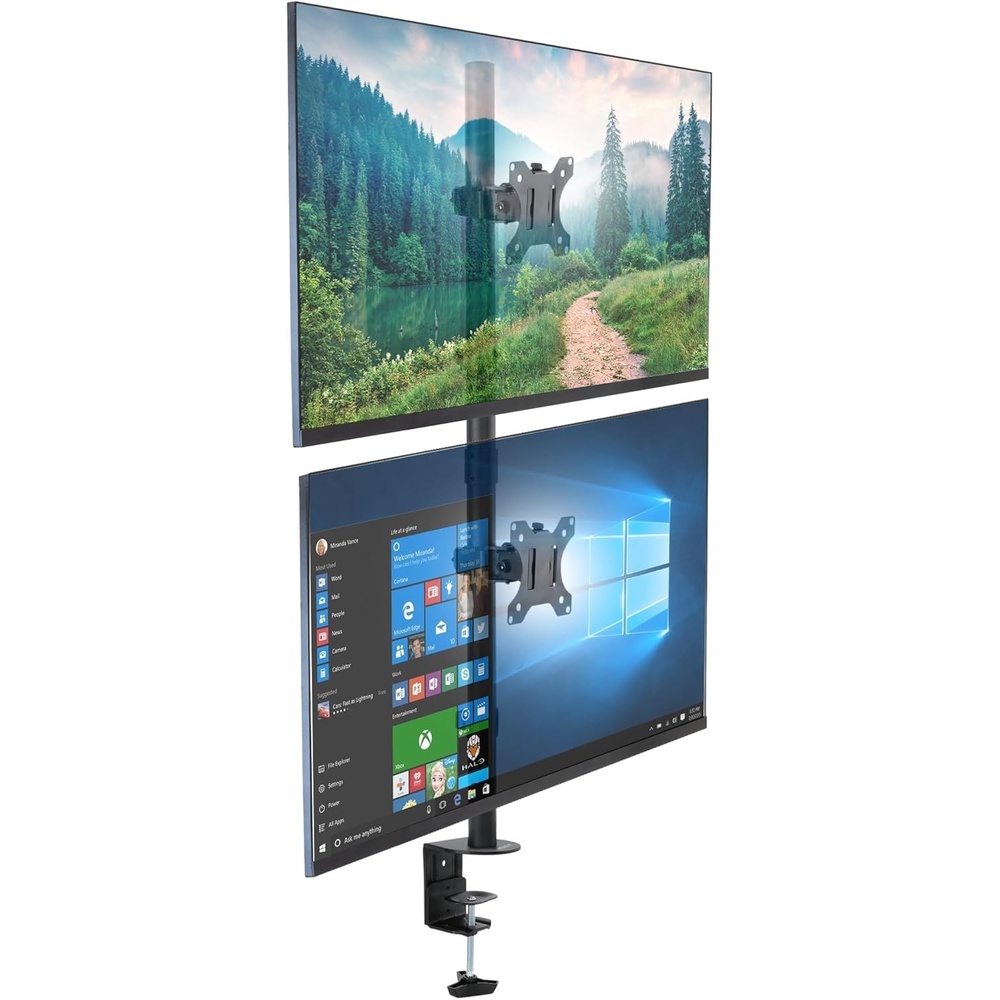 image:imageMountIt Vertical Dual Monitor Mount Stacked Monitor Stand for 2 Screens 1332 CClamp or Grommet Base Height Adjustable Tilt Swivel Rotate Portrait or Landscape Holds 176 lbs per Arm