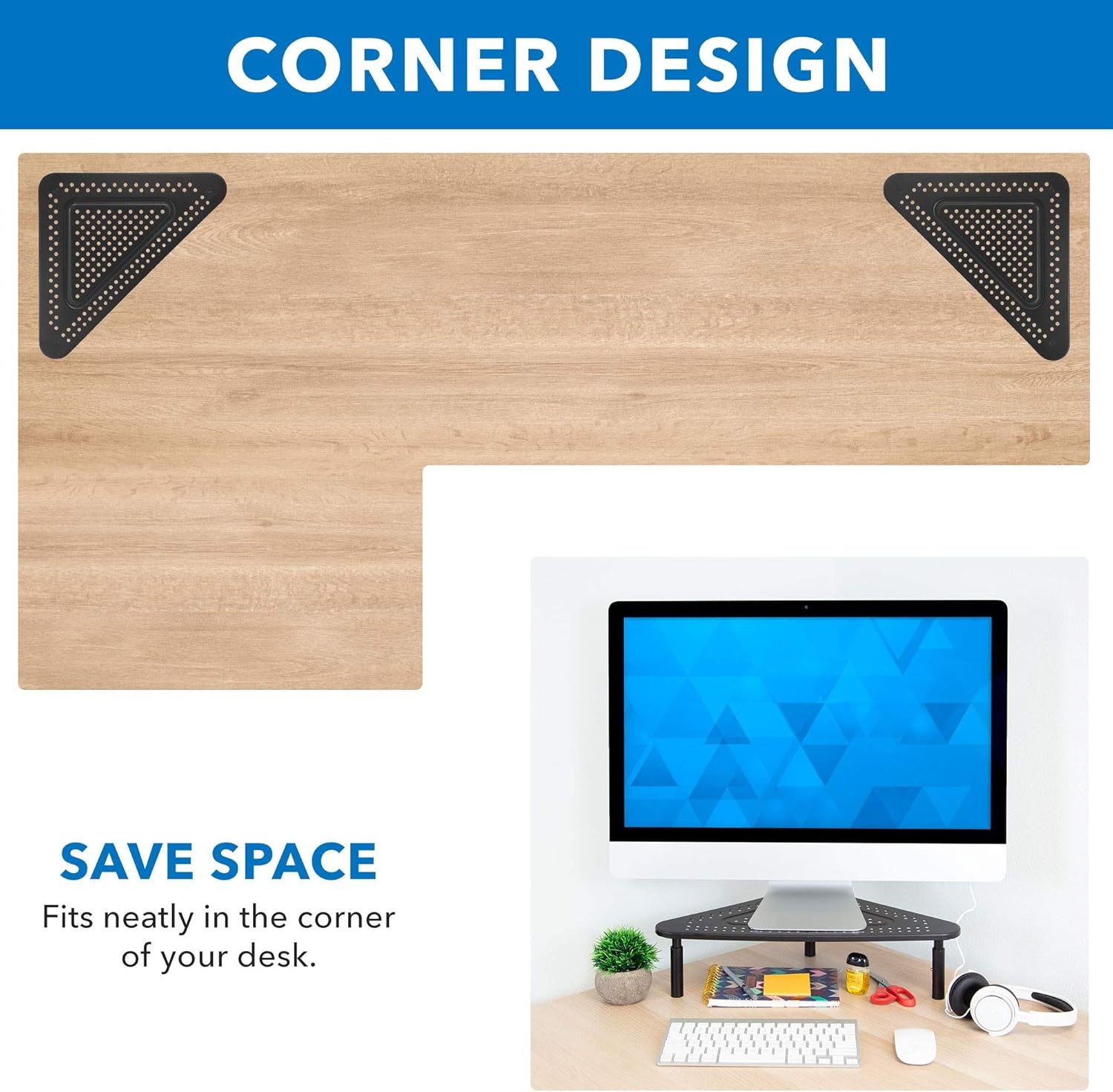 image:imageCorner Monitor Stand Adjustable Height Corner Desk Shelf Triangle Screen Riser Ergonomic Space Saving Design Ventilated Metal Black