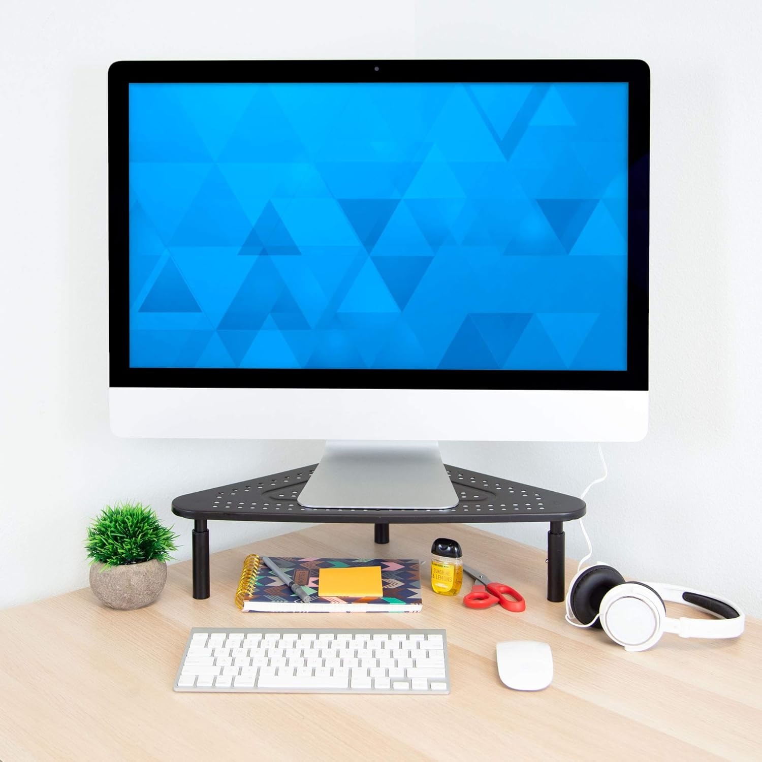 image:imageCorner Monitor Stand Adjustable Height Corner Desk Shelf Triangle Screen Riser Ergonomic Space Saving Design Ventilated Metal Black