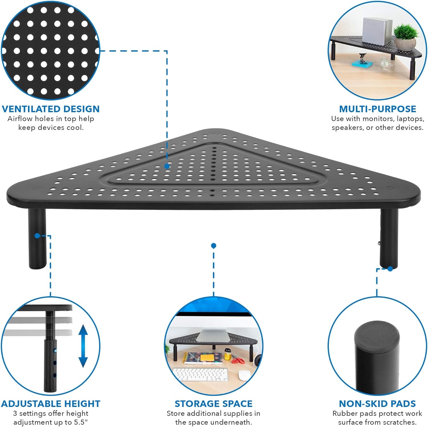image:imageCorner Monitor Stand Adjustable Height Corner Desk Shelf Triangle Screen Riser Ergonomic Space Saving Design Ventilated Metal Black
