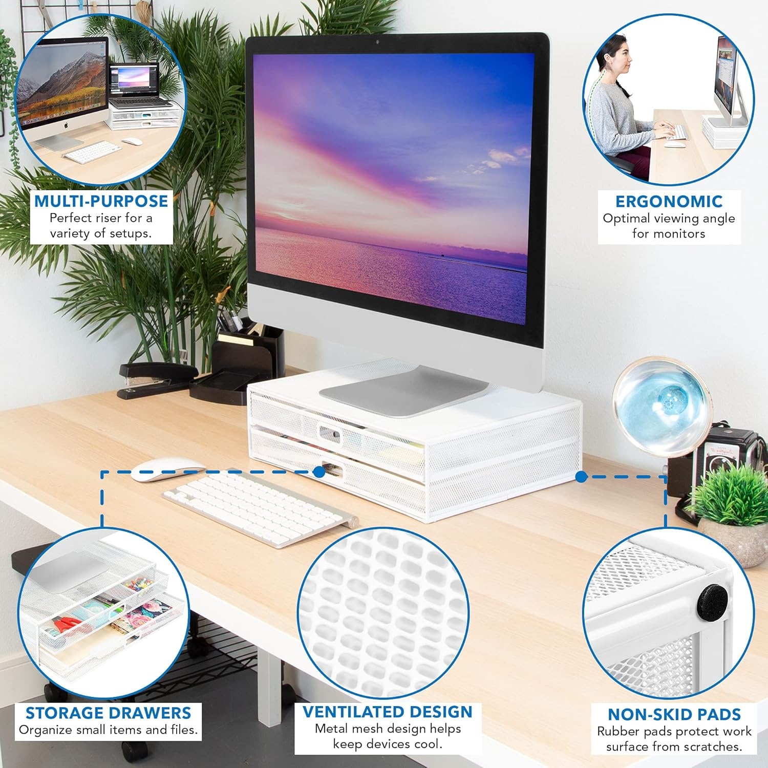 image:imageMOUNTIT Computer Monitor Stand With Drawers Metal Mesh Riser and Organizer for Laptops and Computer Screens Laptop and Printer Accessories and Office Supplies BlackWhite