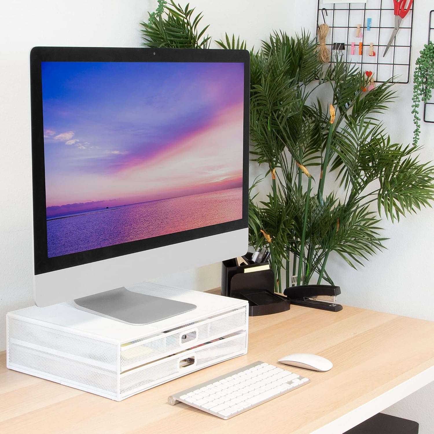 image:imageMOUNTIT Computer Monitor Stand With Drawers Metal Mesh Riser and Organizer for Laptops and Computer Screens Laptop and Printer Accessories and Office Supplies BlackWhite