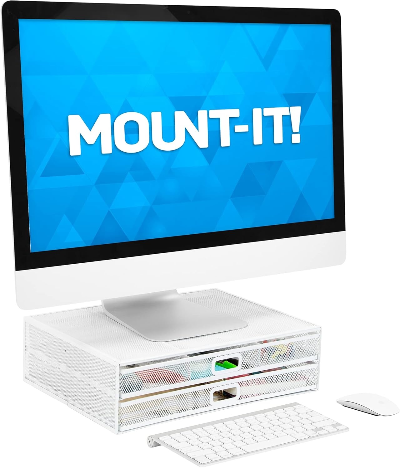 image:imageMOUNTIT Computer Monitor Stand With Drawers Metal Mesh Riser and Organizer for Laptops and Computer Screens Laptop and Printer Accessories and Office Supplies BlackWhite