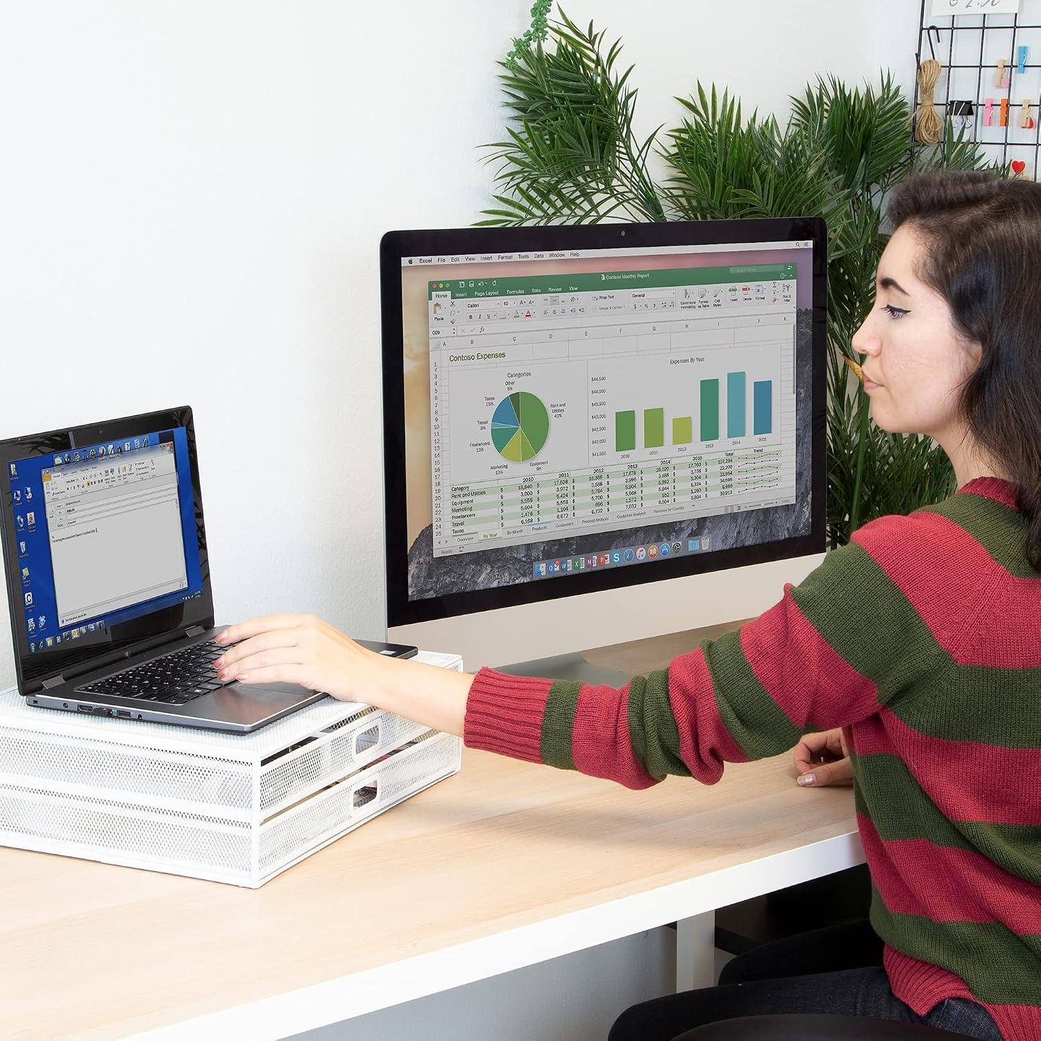 image:imageMOUNTIT Computer Monitor Stand With Drawers Metal Mesh Riser and Organizer for Laptops and Computer Screens Laptop and Printer Accessories and Office Supplies BlackWhite