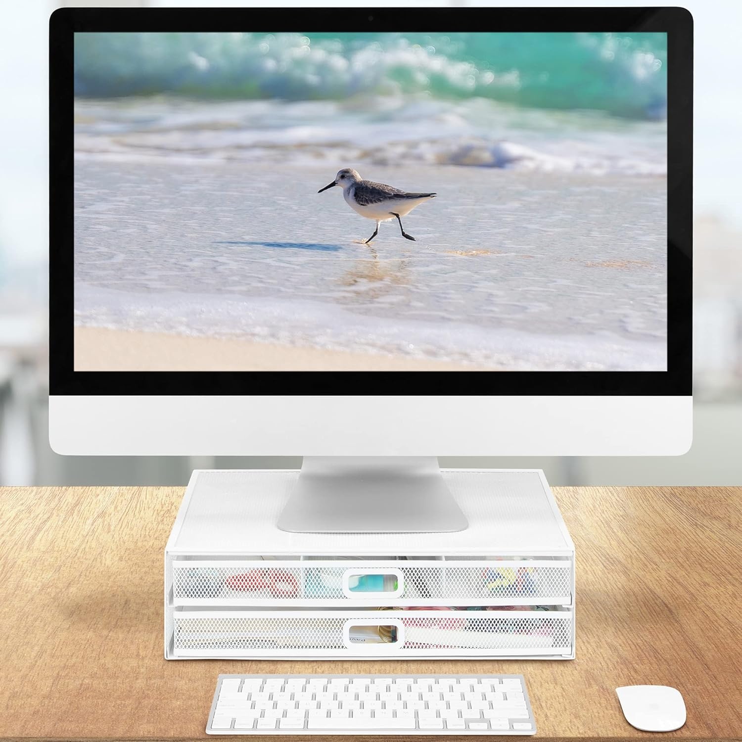 image:imageMOUNTIT Computer Monitor Stand With Drawers Metal Mesh Riser and Organizer for Laptops and Computer Screens Laptop and Printer Accessories and Office Supplies BlackWhite