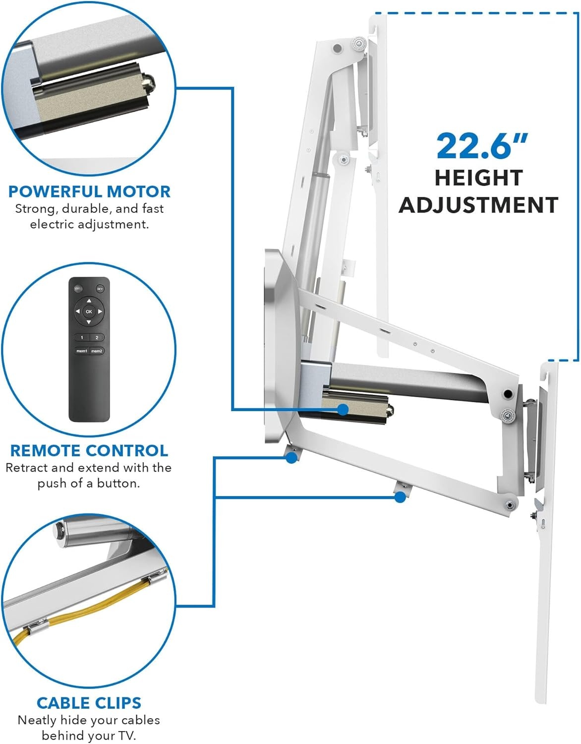 image:imageMOUNTIT Motorized Fireplace TV Wall Mount Remote Control Electric Pull Down Mantel Mounting Bracket Up to 77 Lbs Weight Capacity Height Adjustable Swivel VESA 600x400 CompatibleWhite