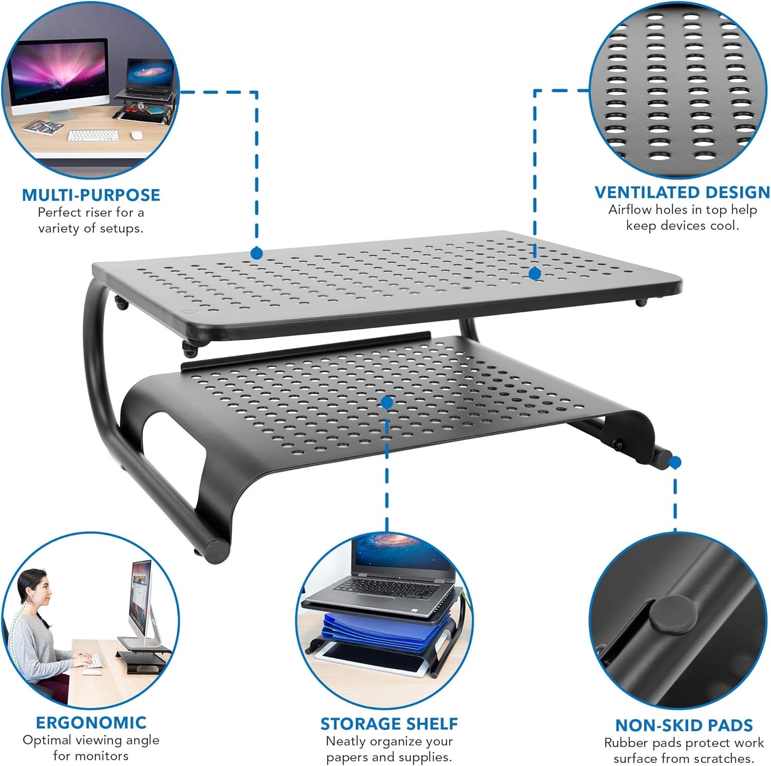 image:imageMountIt 2 Tier Desk Organizer Riser Computer Monitor Stand with Keyboard Storage Shelf for Desktops Laptops Printers Home Office Space Saver 2 Shelves