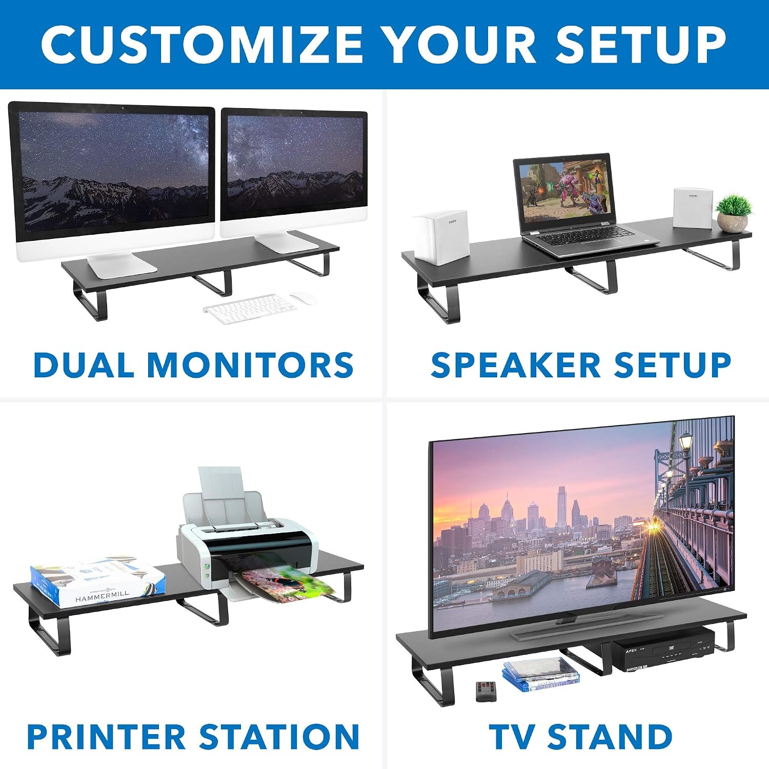 image:imageMountIt 39 Extra Long Dual Monitor Stand Riser Ergonomic Desk Organizer for 2 Monitors Laptop TV or Printer HeavyDuty Steel amp Wood Desktop Shelf with Storage Supports 44 Lbs Black