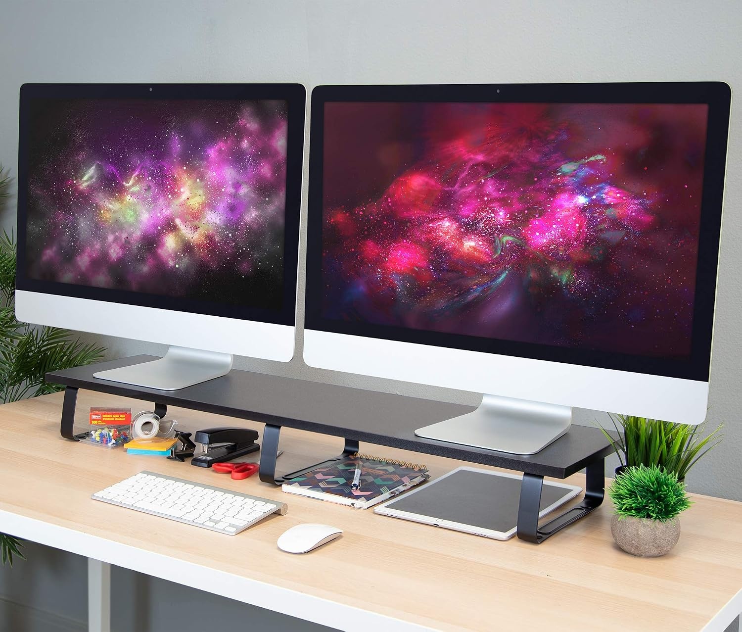image:imageMountIt 39 Extra Long Dual Monitor Stand Riser Ergonomic Desk Organizer for 2 Monitors Laptop TV or Printer HeavyDuty Steel amp Wood Desktop Shelf with Storage Supports 44 Lbs Black