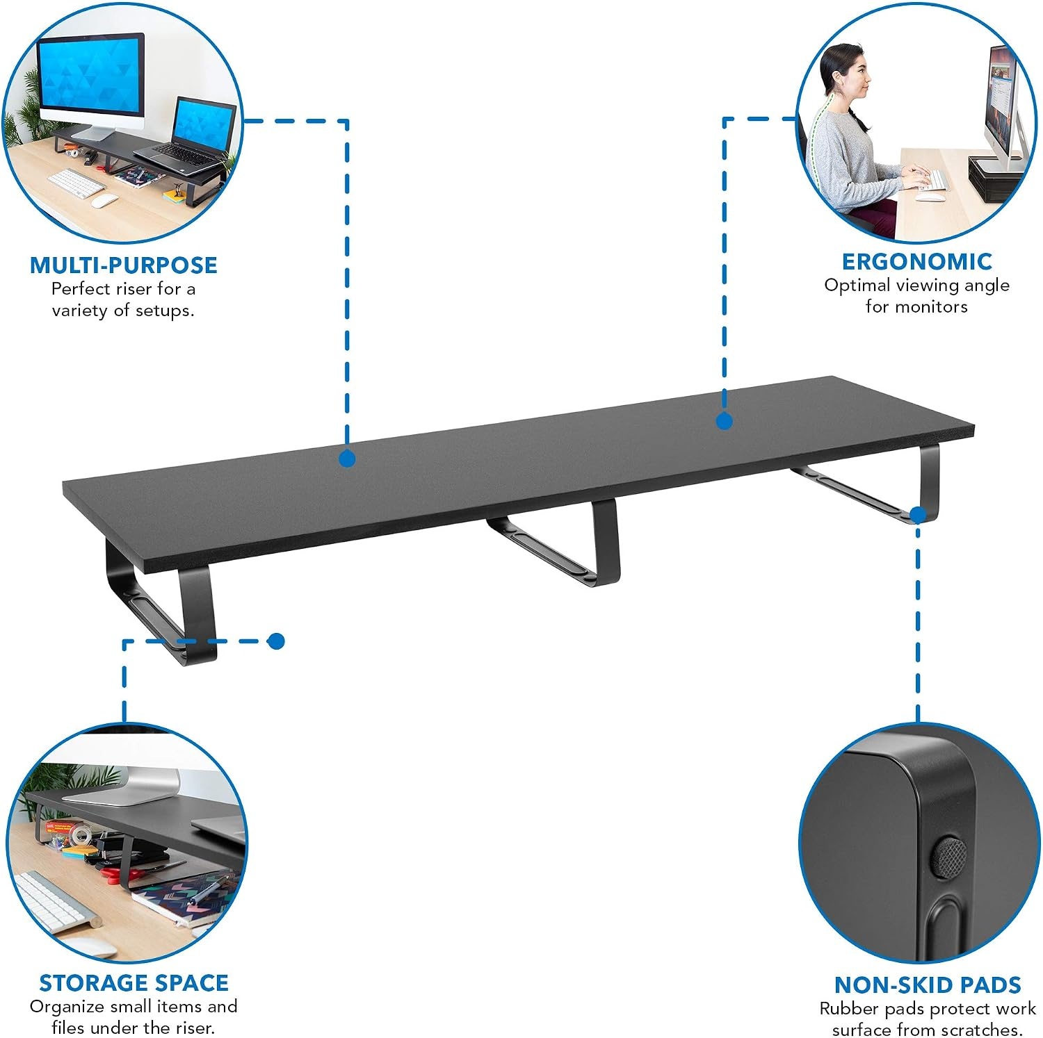 image:imageMountIt 39 Extra Long Dual Monitor Stand Riser Ergonomic Desk Organizer for 2 Monitors Laptop TV or Printer HeavyDuty Steel amp Wood Desktop Shelf with Storage Supports 44 Lbs Black