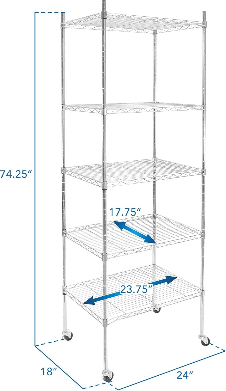 image:imageMountIt 5 Tier Chrome Wire Shelving on Wheels Versatile Adjustable Shelf Height Metal Storage Organizer for Kitchen Garage Laundry No Tools Required 7425 H x 2375 W x 1775 D
