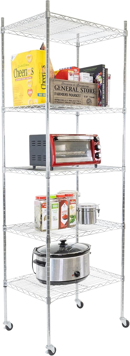 image:imageMountIt 5 Tier Chrome Wire Shelving on Wheels Versatile Adjustable Shelf Height Metal Storage Organizer for Kitchen Garage Laundry No Tools Required 7425 H x 2375 W x 1775 D