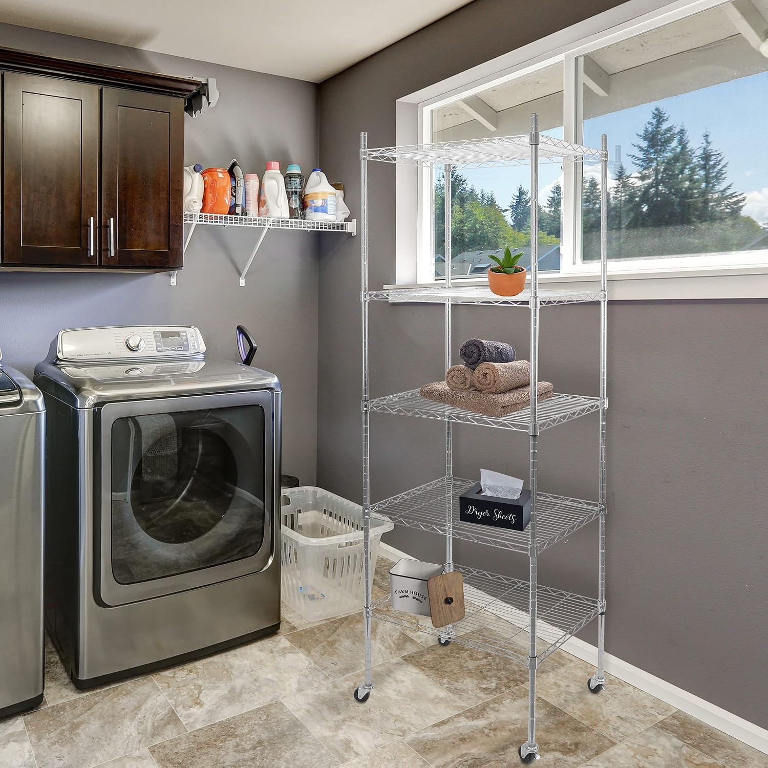 image:imageMountIt 5 Tier Chrome Wire Shelving on Wheels Versatile Adjustable Shelf Height Metal Storage Organizer for Kitchen Garage Laundry No Tools Required 7425 H x 2375 W x 1775 D