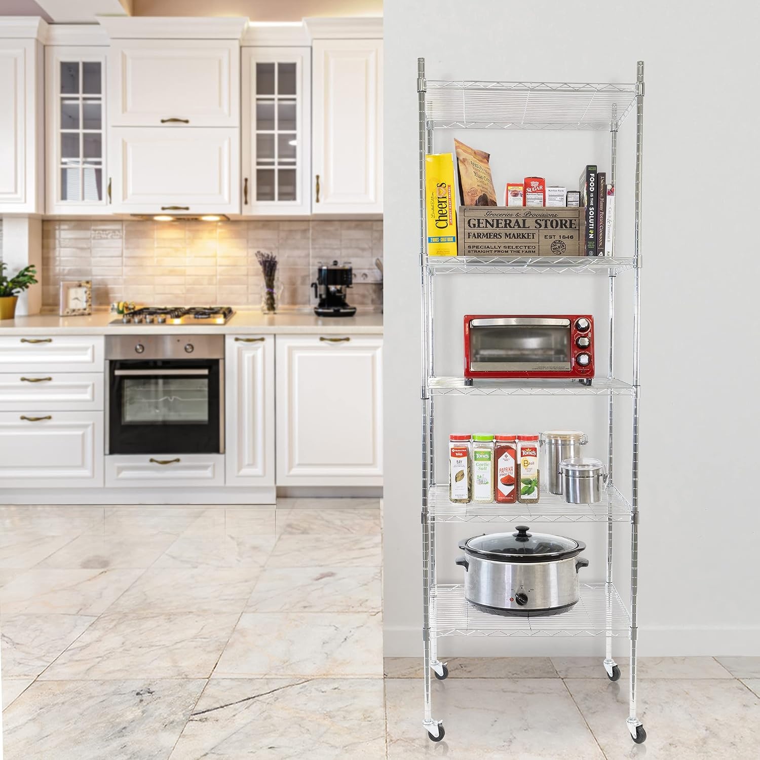 image:imageMountIt 5 Tier Chrome Wire Shelving on Wheels Versatile Adjustable Shelf Height Metal Storage Organizer for Kitchen Garage Laundry No Tools Required 7425 H x 2375 W x 1775 D