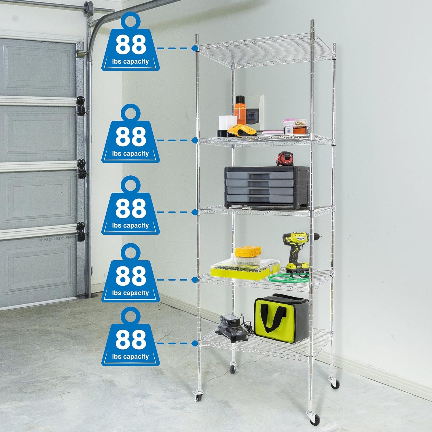 image:imageMountIt 5 Tier Chrome Wire Shelving on Wheels Versatile Adjustable Shelf Height Metal Storage Organizer for Kitchen Garage Laundry No Tools Required 7425 H x 2375 W x 1775 D