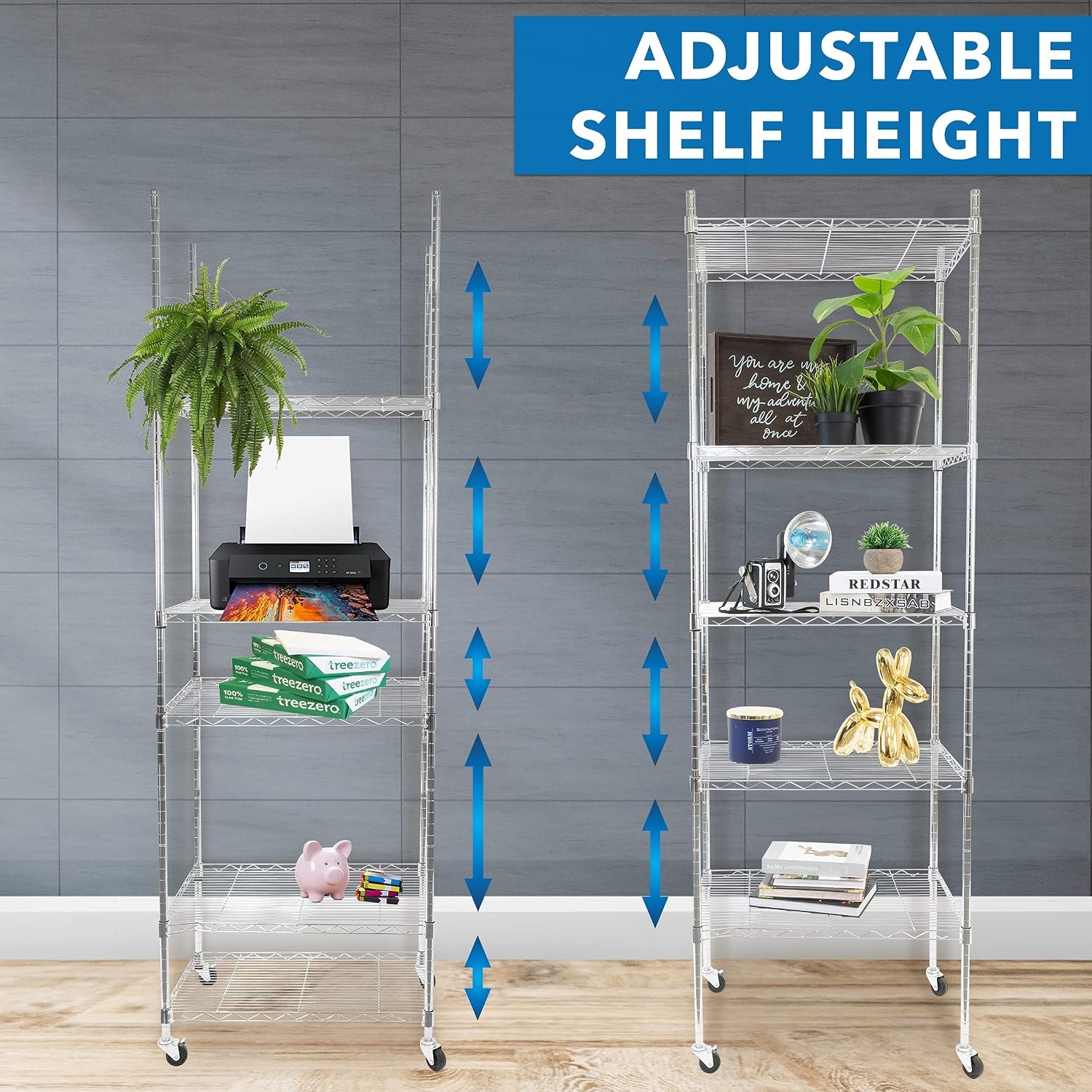 image:imageMountIt 5 Tier Chrome Wire Shelving on Wheels Versatile Adjustable Shelf Height Metal Storage Organizer for Kitchen Garage Laundry No Tools Required 7425 H x 2375 W x 1775 D